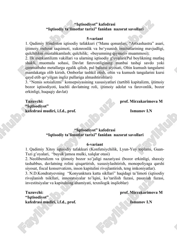 ohasi, davlat farovonligining manbai tashqi savdo yoki qimmatbaho metallarga egalik qilish, pul balansi siyosati, oltin kumush tangalarni mamlakatga olib kirish, omborlar tashkil etish, oltin va kumush tangalarini kursi qayd etib qo‘yilgan ingliz pullariga almashtirishlari) 3. “nemis sotsializmi” konsepsiyasining xususiyatlari (tartibli kapitalizm, ijtimoiy bozor iqtisodiyoti, kuchli davlatning roli, ijtimoiy adolat va farovonlik, bozor erkinligi, huquqiy davlat) tuzuvchi: prof. mirzakarimova m “iqtisodiyot” kafedrasi mudiri, i.f.d., prof. ismanov i.n “iqtisodiyot” kafedrasi “iqtisodiy ta’limotlar tarixi” fanidan nazorat savollari 6-variant 1. qadimiy xitoy iqtisodiy tafakkuri (konfutsiychilik, lyun-yuy toplami, guan-tszi g’oyalari, “buyuk jamoa mulki, xalqlar otasi) 2. neoliberalizm va ijtimoiy bozor xo’jaligi nazariyasi (bozor erkinligi, shaxsiy tashabbus, davlatning rolini qisqartirish, xususiylashtirish, monopoliyaga qarshi siyosat, fiscal konservatizm, inson kapitalini rivojlantirish, teng imkoniyatlar). 3. n.d.kondratyevning “konyunktura katta sikllari” haqidagi ta’limoti (iqtisodiy rivojlanish tsikllari, innovatsiyalar to’lqini, ko’tarilish fazasi, pasayish fazasi, investitsiyalar va kapitalning ahamiyati, texnilogik inqiloblar) tuzuvchi: prof. mirzakarimova m “iqtisodiyot” kafedrasi mudiri, i.f.d., prof. ismanov i.n “iqtisodiyot” kafedrasi …