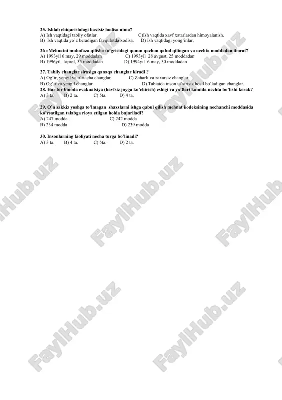 12. ish joylaridagi mikroiqlim omillarini qaysilar tashqil etadi? a) 3 xil. 1. harorat. 2.shamol tezligi. 3.atmosfera bosimi. b) 3 xil. 1. harorat. 2.nisbiy namlik. 3.atmosfera bosimi. c) 4 xil. 1. harorat. 2.nisbiy namlik. 3.atmosfera bosimi. 4.issiklik. d) 4 xil. 1. harorat. 2.nisbiy namlik. 3.atmosfera bosimi. 4.hvoning tezligi. 13. ishlab chiqarishdagi zararli omil nima? a) ishchilarga ish vaqtida ta‘sir etib kasallanishga olib kelmaydigan omil. b) korxonaning ishlab chiqarish sur‘ati pasayishi va ish vaqtida shikastlanishga olib keladigan omil. c) ish vaqtidagi ishchilarga bevosita ta‘sir etadigan tabiiy ofatlar va boshqalar. d) ishchilarga ish vaqtida ta‘sir etib, kasallanishga yoki ish qobiliyatini pasayishiga olib keladigan omil. 14. o’zbekiston respublikasi mehnat kodeksining vazifasi nimadan iborat? a) ishchi va xodimlarni mehnatga doir huquqlarini va mehnatga doir munosabatlarni himoya qilishni tartibga soladi. b) mehnatga haq tulashni har doim nazorat qiladi. c) insonlar mehnati va havfsizlik texnikasi qonun qoidalariga rioya qilishni nazorat qiladi. d) ishchi va xodimlarni mehnat qilishini …