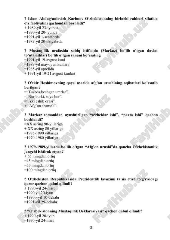 dentlik lavozimi ta'sis etish to'g'risidagi qaror qachon qabul qilindi? + 1990-yil 24-mart =1990 yil 20-iyun =1990i- yil 10-dekabr =1991-yil 29-dekabr ? “o'zbekistonning mustaqillik deklarasiyasi” qachon qabul qilindi? + 1990-yil 20-iyun =1990-yil 24-mart =1990-yil 10-dekabr =1991-yil 31-avgust. ? “o'zbekistonning mustaqillik deklarasiyasi” nechta moddadan iborat? + 12 =10 =17 =15 ? farg’onada fojeali voqealari qachon sodir bo’ldi? =1985-1987 yilning may oyida =1990-yilning iyun-iyul oylarida + 1989-yilning may-iyun oylarida =1991 yilning sentabr oyida ? xx asr 80-yillarning oxirlarida o’zbekiston aholisining nechchi fozi oyiga o’rta xisobda 75 so’mdan kam daromad olgan? + 45 foizi =40 foizi =50 foizi =36 foizi ? o‘zbekiston respublikasining boshqaruv shakliga ko‘ra ... + prezidentlik respublikasi hisoblanadi =monarxiya davlati hisoblanadi =konstitutsion monarxiya hisoblanadi =parlamentar respublika hisoblanadi ? quyidagi davlatlardan qaysi biri o‘zbekistonning mustaqilligini birinchi bo‘lib tan olgan? =aqsh + turkiya =eron =xitoy ? 1992 yilning 8 dekabrigacha mustaqil o‘zbekiston respublikasining vaqtinchalik konstitutsiyasi vazifasini bajargan hujjatni aniqlang =“o‘zbekistonning mustaqillik deklarasiyasi” + …