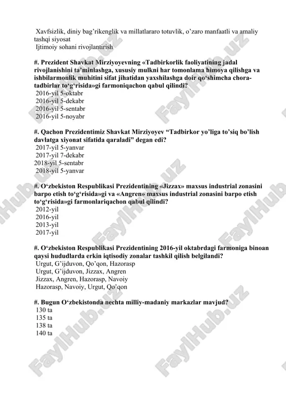 lat vakillari yashaydi? 138 dan ortiq 135 dan ortiq 130 dan ortiq 140 dan ortiq #. yunesko 1995-yil qaysi shaharda «bag‘rikenglik tamoyillari deklaratsiyasi»ni qabul qildi? nyu-yorkda londonda parijda vashingtonda #. o’zbekistonda talim necha tilde olib boriladi? 5 tilda 12 tilda 10 tilda 7 tilda #. 1993 yil 9 aprelda qoraqalpog`iston respublikasining qanday qonuni qabul qilingan. jismoniy tarbiya va sport to’g’risidagi saylov to’g’risidagi konstitutsiyasi oila kodeksi #. qoraqalpog`iston respublikasi oliy majlisining 1992 yil 14 dekabrda bo’lib o`tgan xi sessiyasida nima qabul qilingan. davlat tamg’asi qoraqalpog`iston davlat bayrogi davlat madhiyasi qoraqalpog`iston konctitutsiyasi #. o'zbekiston va ukraina o’rtasida ittifoqchilik mimosabatlari to'g'risida shartnoma imzolandi. 2001-yil 14-noyabrda 2005-yil 14-noyabrda 2005-yil 14-oktyabrda 2000-yil 14-noyabrda #. o'zbekiston respublikasi bilan belorus respublikasi o'rtasida davlatlararo munosabatlarning asoslari to'g'risida shartnoma qachon imzolandi. 1991-yil 14-noyabrda 1992-yil 6-noyabrda 1991-yil 14-oktyabrda 1992-yil 14-noyabrda #. sergeli liniyasi necha kilometrni tashkil qiladi? 6,1 km 7,1 km 8,1 km 5,1 km #. toshkent xalqaro aeroportiga qachon …