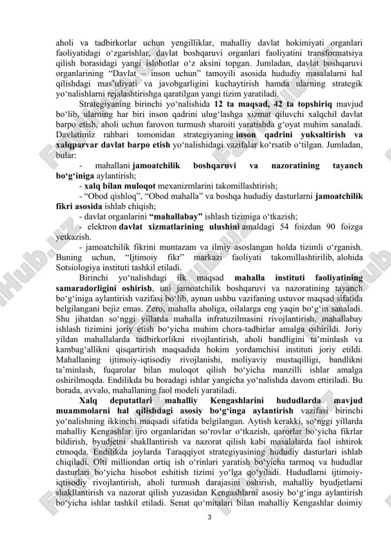 5 yildan buyon taraqqiyot huquqi to‘g‘risidagi deklaratsiya amal qilmoqda. shu ma’noda, o‘zbekiston prezidenti taqdim etgan taraqqiyot strategiyasi xalqaro hamjamiyatning rivojlanish tendensiyalariga, butun dunyoning taraqqiyot trendlariga to‘la mos keladi. 2022–2026 yillarga mo‘ljallangan yangi o‘zbekiston taraqqiyot strategiyasining qabul qilinishi tom ma’noda tarixiy voqea bo‘ldi. harakatlar strategiyasining mantiqiy davomi bo‘lgan ushbu tarixiy hujjatda yaqin va o‘rta istiqbolda o‘zbekistonning taraqqiyot tendensiyalari, davlat va jamiyat hayotining barcha jabhalarini kompleks rivojlantirish yo‘nalishlari aniq belgilab berilgan. taraqqiyot strategiyasining ahamiyati shundaki, uning ishlab chiqilishida mavjud muammolar e’tiborga olindi, yechimini kutayotgan dolzarb vazifalar aks ettirildi. eng muhimi, hujjatning ishlab chiqilishida xalqimiz faol ishtirok etdi. tom ma’noda, xalqimiz hammuallifligida ishlab chiqildi, deyish mumkin. strategiyada “inson qadri uchun” degan tamoyilni hayotda to‘la ro‘yobga chiqarish vazifasi yaqqol aks etgan. bu qadriyat zamirida har bir insonning tinch va xavfsiz hayot kechirishi, uning fundamental huquq va erkinliklarini ta’minlash, har bir fuqaro uchun munosib turmush sharoiti va zamonaviy infratuzilma tashkil etish, malakali tibbiy xizmat ko‘rsatish, …