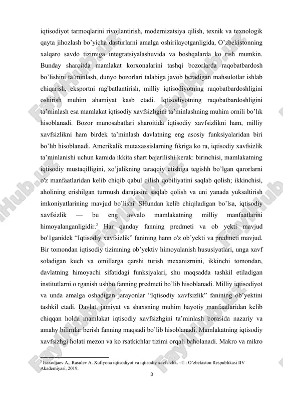 turish mexanizrnini, ikkinchi tomondan, davlatning himoyachi sifatidagi funksiyalari, shu maqsadda tashkil etiladigan institutlarni o rganish ushbu fanning predmeti bo’lib hisoblanadi. milliy iqtisodiyot va unda amalga oshadigan jarayonlar “iqtisodiy xavfsizlik” fanining ob’yektini tashkil etadi. davlat, jamiyat va shaxsning muhim hayotiy manfaatlaridan kelib chiqqan holda mamlakat iqtisodiy xavfsizhgini ta’minlash borasida nazariy va amahy bilirnlar berish fanning maqsadi bo’lib hisoblanadi. mamlakatning iqtisodiy xavfsizhgi holati mezon va ko rsatkichlar tizimi orqali baholanadi. makro va mikro darajada iqtisodiy xavfsizlikka bo’ladigan tahdidlami tahlil qilish va bashoratlashda iqtisodiy xavfsizlikning mingdan ziyod ko rsatkichlaridan foydalaniladi. lekin shularning ichida 19 ta indikatordan foydalanish maqsadga muvofiq deb hisoblaniladi. bu indikatorlar iqtisodiyotning real va mohyaviy sektorlarida va jtimoiy sohada iqtisodiy xavfsizlikning muhim jihatlarini ifodalaydi. 19 ta indikatorning xususiyatlaridan bin ular orasidagi o zaro bog’liqlikdir. iqtisodiy xavfsizlikning mezon va ko rsatkichlari asosida iqtisodiy tizimning amal qilishidagi tahlikali chegaralar belgilanadi. ko rsatkichlar tahlikali chegaralar sifatida qabul qilingan birliklardan chekingan holatlarda tizim izchil rivojlanishga …