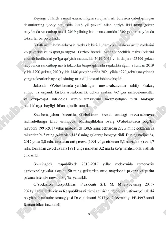 tsiya va modernizatsiya qilish bo’yicha investitsiya loyihalarini amalga oshirish bo‘yicha ko‘rsatmalar berilgan. o‘zbekiston respublikasi prezidenti sh. m. mirziyoevning 2017 yil 6 yanvardagi “2017-2021 yillarga mo’ljallangan qishloq xo’jaligini tubdan isloh qilish va rivojlantirish chora-tadbirlari to’g’risida”gi pq-2717 sonli qarori qabul qilingach sohani yanada rivojlantirish bo’yicha bir qancha dasturlar belgilab olindi. mamlakatimiz ichki iste’mol bozorini yil davomida sabzavotlar, kartoshka, meva va poliz mahsulotlari bilan barqaror to’ldirish, qayta ishlash korxonalarini xom-ashyo bilan muntazam ta’minlash, shuningdek, tashqi bozorlarda haridorgir va raqobatbardosh bo’lgan ho’l meva va qayta ishlangan meva-sabzavot mahsulotlarini eksport qilish hajmini ko’paytirish va turlarini kengaytirish uchun ularni yetishtirish, ishlab chiqarish va harid qilish bo’yicha yagona tizim shakllantirildi. muxtaram birinchi prezidentimiz islom karimovning 2016 yil 12 apreldagi “mevasabzavot, kartoshka va poliz mahsulotlarini xarid qilish va ulardan foydalanish tizimini takomillashtirish chora-tadbirlari to’g’risida”gi qarori mamlakatimizda qishloq xo’jaligi mahsulotlari yetishtirish, ularni qayta ishlash va eksport qilish hajmini yanada oshirishga xizmat qilmoqda. ya’ni, bog’-tokzorlarni kengaytirishga alohida e’tibor qaratilib, agrotexnik …