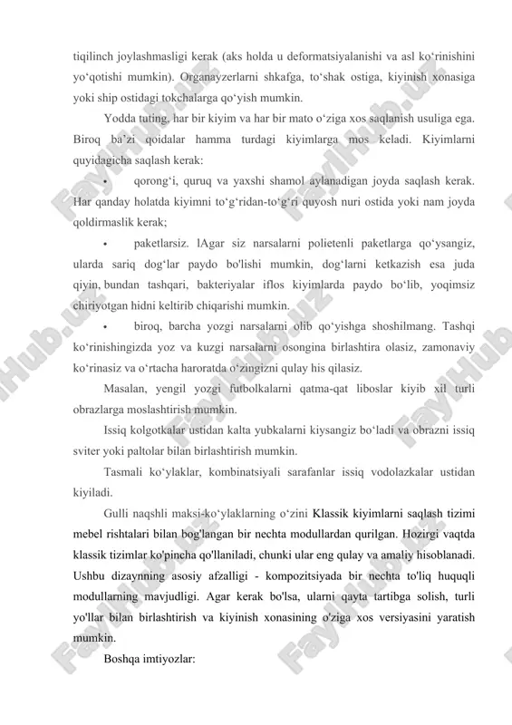 mkin. 2. modellarning katta tanlovi va alohida elementlarni bajarish variantlari, qo'shimcha sotib olish imkoniyatiaksessuarlar, shuning uchun siz interyerga mos keladigan mukammal variantni topishingiz mumkin. 3. odatda klassik shkaf tizimlari tolali taxta va mdfdan tayyorlanadi. ishlab chiqarishning yakuniy qiymati metall variantlari bilan solishtirganda kichik. 4. tekstura, naqsh, sirtdagi boshqa elementlarni o'zingiz tanlashingiz mumkin, ba'zi kompaniyalar sizga individual buyurtmalar berishga ruxsat beradi. 5. dizayn koʻp sonli kiyimlarga mos keladi, siz unda boshqa narsalarni ham saqlashingiz, bir nechta qoʻshimcha javon yoki tortma qoʻyishingiz mumkin. kiyimlarni saqlash uchun uyali yoki ochiq tizim toʻrdan yasalgan koʻp sonli va xilma-xil javonlar, tortmalar va savatlar bilan ajralib turadi. strukturaning metall elementlari korroziyaga qarshi vosita bilan qoplangan. o'rnatish vaqtida qismlar nafaqat bir-biriga, balki devor bilan ham biriktiriladi. buning uchun turli o'lchamdagi qavslar va qo'llanmalar ishlatiladi. natijada savatlarni tortib olish mumkin. modelga qarab, tizimning boshqa qismlari harakatchan bo'lishi mumkin. ko'pincha poyafzal, shim va boshqa tortib olinadigan elementlar uchun kostryulkalar …