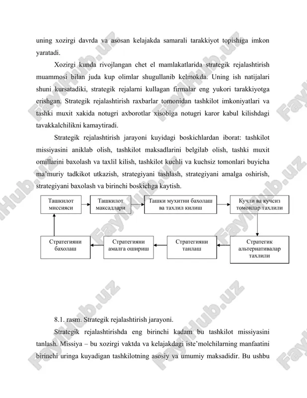 jozlarimizning kanday extiyojlarini biz kondirishimiz mumkin»? 12. notijorat tashkilotlarning mijozlari bu uning xizmatidan foydalanuvchi va uni resurslar bilan ta’minlovchilar bulib xisoblanadi. 13. firma uchun umumiy bulgan maksadlar korxona umumiy missiyasidan kelib chikkan xolda tanlanadi: 14. maksadlar anik va ulchab buladigan bulishi kerak. 15. maksadlar anik davrga belgilanadi. 16. maksad erishiladigan bulishi kerak. 17. maksadlar bir-birini kullab-kuvvatlovchi bulishi kerak. tashki muxitni baxolash va taxlil kilish. tashki muxitni taxlil kilish shunday jarayonki, bunda strategik rejani ishlab chikuvchilar tashkilotga ta’sir etuvchi imkoniyat va xavflarni aniklash uchun tashki muxit omillarini nazorat kiladilar. tashki muxitni taxlil kilish kuyidagi 3 ta savolga javob berish bilan aniklanadi: tashkilot xozir kanday xolatda turibdi? raxbariyatning fikricha tashkilot kelajakda kanday xolatda bulishi kerak? tashkilot xozirgi xolatdan raxbariyat xoxlaydigan xolatga utishi uchun kanday chora tadbirlar olib borishi kerak? xavf va imkoniyatlar asosan 7 soxaga ajratiladi: iktisodiy, siyosiy, bozor, texnologik, rakobat, xalkaro va ijtimoiy (8.2. rasm). 8.2. rasm. tashki muxit omillari iktisodiy …