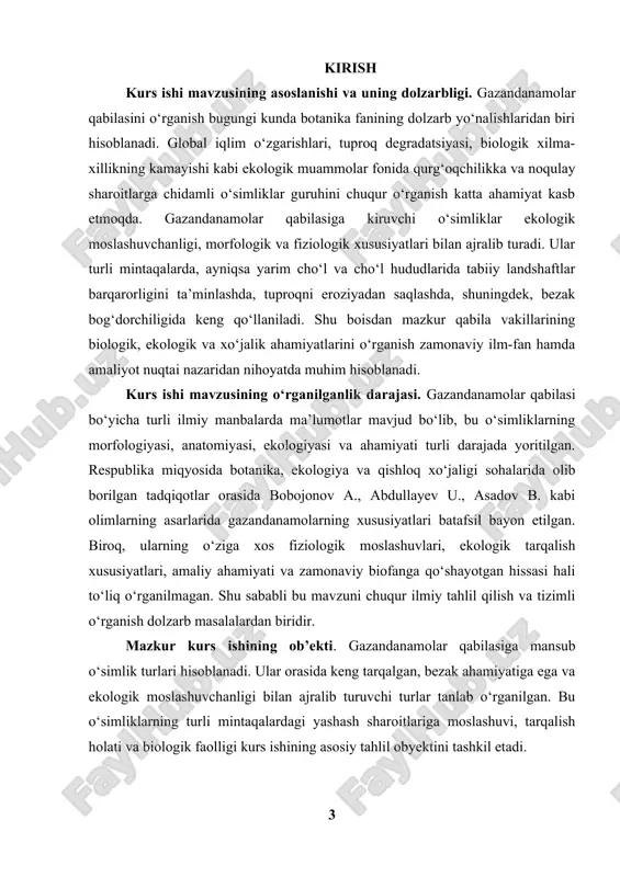 logik va fiziologik xususiyatlarini chuqur tahlil qilish, ekologik rolini aniqlash va zamonaviy amaliyotdagi o‘rnini yoritishdir. kurs ishi mavzusining vazifalariga quydagilar kiradi gazandanamolar qabilasining sistematik o‘rnini aniqlash va tavsiflash. ushbu o‘simliklarning morfologik va anatomik tuzilishini ilmiy jihatdan o‘rganish. gazandanamolarning fiziologik va hayotiy xususiyatlarini tahlil qilish. qabilaga mansub turlarning ekologik moslashuv darajasini aniqlash. gazandanamolarning inson faoliyatidagi, jumladan bezak, dorivor va xo‘jalikdagi ahamiyatini yoritish. ilmiy adabiyotlar asosida tahliliy xulosa chiqarish. kurs ishining tarkibiy tuzilishi va hajmi. kurs ishi kirish, ikki asosiy bob, xulosa hamda foydalanilgan adabiyotlar ro‘yxatidan iborat. birinchi bobda gazandanamolar qabilasining umumiy tavsifi, morfologik, anatomik va fiziologik xususiyatlari yoritiladi. ikkinchi bobda esa ularning ekologiyasi, tabiiy tarqalish areali, ekologik roli va inson hayotidagi ahamiyati haqida ma’lumotlar keltiriladi. kurs ishi umumiy hajmi 25-30 bet atrofida bo‘lib, unda mavzuga doir nazariy va amaliy ma’lumotlar ilmiy tahlil asosida bayon etilgan. 1. i bob gazandanamolar qabilasining biologik asoslari va morfologik o‘ziga xosliklari 1.1. gazandanamolar qabilasining sistematik o‘rni …