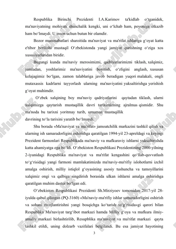 adorligini oshirish va sohani rivojlantirishni yangi bosqichga ko‘tarish to‘g‘risida»gi qarori bilan respublika ma'naviyat targ‘ibot markazi hamda milliy g‘oya va mafkura ilmiy-amaliy markazi birlashtirilib, resupblika ma'naviyat va ma'rifat markazi qayta tashkil etildi, uning dolzarb vazifalari belgilandi. bu esa jamiyat hayotining ma'naviy-ma'rifiy asoslarini mustahkamlash, vatanimiz taqdiri va kelajagi uchun dahldorlik va mas'uliyat hissini oshirish, yot g‘oyalarga qarshi mafkuraviy immunitetni kuchaytirishga yo‘naltirilgan targ‘ibot tizimini yanada rivojlantirishda muhim ahamiyatga ega bo‘ldi. yoshlarni vatanparvarlik ruhida tarbiyalashda ajdodlarimizning bizgacha etib kelgan boy madaniy meroslarini o‘rganish ham katta o‘rin egallaydi. shu sababli o‘zbekiston respublikasi prezidenti tomonidan qadriyatlar, urf-odatlar, buyuk ota-bobolarimizning bizga qoldirgan meroslarini o‘rganish va targ‘ib etish uchun keng yo‘llar ochildi. bu boradagi tadbirlar mustaqilligimizning dastlabki kunlaridanoq amalga oshirila boshlandi. xususan, ma'naviy-ma'rifiy ishlarning rivojlanishi uchun davlat tomonidan katta mablag‘lar ajratildi. o‘zbekistondagi barcha davlat teatrlari, madaniyat uylari, san'at oliy o‘quv yurtlari, folklor-etnografik guruhlar madaniyat o‘choqlariga aylanib qoldi. teatr sahnalarida yangi zamonaviy spektakllar qo‘yila boshladi. mustaqillik bizning milliy-madaniy qadriyatlarimizning …