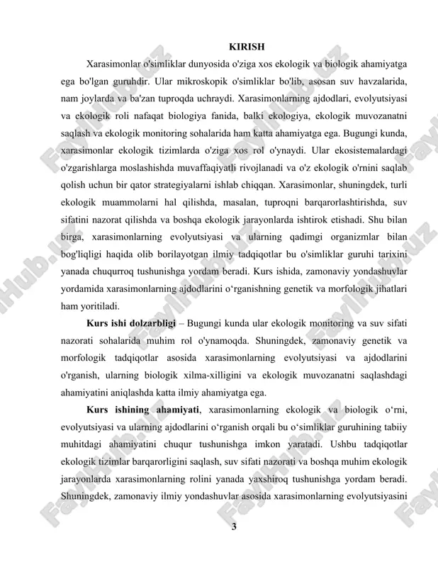 arayonida yuz bergan o‘zgarishlar haqida ilmiy ma'lumotlar taqdim etiladi. bu predmet biologiya, ekologiya va evolyutsion fanlar sohalariga aloqador. kurs ishi obyekti xarasimonlar o'simliklar guruhining biologik va ekologik xususiyatlari, ularning evolyutsiyasi va ajdodlaridir. tadqiqotda xarasimonlarning struktura va tuzilishi, ularning ekologik tizimlarda o‘rni, tabiiy muhitdagi hayot tarzi va evolyutsion jarayonlardagi o‘zgarishlar o‘rganiladi. shuningdek, xarasimonlar evolyutsiyasi va ajdodlari haqida ilmiy qarashlar, genetik va morfologik tadqiqotlar asosida o‘zaro bog‘liqliklar tahlil qilinadi. kurs ishi maqsadi – xarasimonlarning biologik tasnifi, tuzilishi, hayot tarzi va evolyutsiyasini o‘rganish, ularning ajdodlari va ekologik tizimdagi o‘rnini aniqlashdan iboratdir. tadqiqot davomida xarasimonlarning hozirgi zamon ekologik muhitdagi roli, ularning evolyutsion jarayonlardagi o‘zgarishlari va genetik, morfologik tahlillar orqali ajdodlari bilan bog‘liqligini o‘rganish. maqsad zamonaviy ilmiy yondashuvlar yordamida xarasimonlar haqida chuqur ilmiy bilimlarni to‘plash va ularning ekologik va biologik ahamiyatini kengaytirishdir. kurs ishi vazifasi 1. xarasimonlarning biologik tasnifini, tuzilishi va hayot tarzini o‘rganish. 2. xarasimonlarning ekologik tizimlarda tutgan o‘rnini aniqlash va ularning tabiiy muhitdagi …