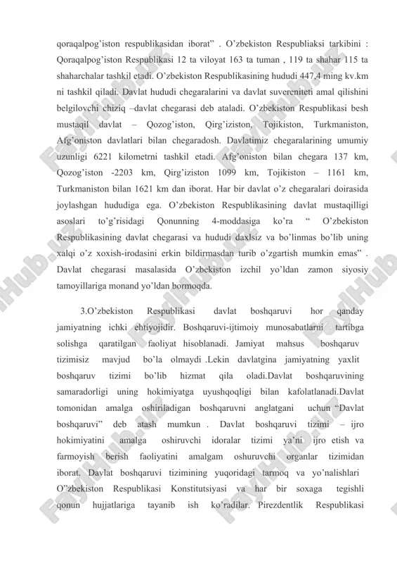 hun “davlat boshqaruvi” deb atash mumkun . davlat boshqaruvi tizimi – ijro hokimiyatini amalga oshiruvchi idoralar tizimi ya’ni ijro etish va farmoyish berish faoliyatini amalgam oshuruvchi organlar tizimidan iborat. davlat boshqaruvi tizimining yuqoridagi tarmoq va yo’nalishlari o”zbekiston respublikasi konstitutsiyasi va har bir soxaga tegishli qonun hujjatlariga tayanib ish ko’radilar. pirezdentlik respublikasi hozirgi kunda eng ko’p tarqalgan davlat boshqaruvi shakli hisoblanadi . 1995-yilgi malumotga ko’ra bmt ga a’zo 186 dav latdan 140 tasida prezdent lavozimi mavjud bo’lib, ularning aksariyati prezdentlik respublikasidir.bular aqsh, argentina , brazilya, meksika, gonduras, zambiya, urugvay va boshqalardir. prezdentlik respublika boshqaruvi prezidentga qatiy dadil va jasurlik bilan faoliyat ko’rsatishi uchun imkon yaratadi. o'zbekiston respublikasida davlat boshqaruvi uch turdagi xokimiyatlar tomonidan tashkil etiladi. bular qonun chiqaruvchi, ijro etuvchi va sud xokimiyatlaridan iborat. qonun chiqaruvchi xokimiyat - oliy majlis bo'lib, u quyi va yuqori palatadan tashkil topgan. quyi, ya'ni "qonunchilik palatasi" 120 nafar doimiy ravishda faoliyat ko'rsatuvchi deputatlardan iborat bo'lib, …