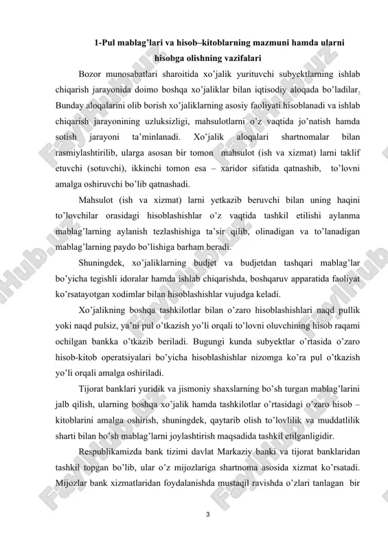 ddatlilik sharti bilan bo’sh mablag’larni joylashtirish maqsadida tashkil etilganligidir. respublikamizda bank tizimi davlat markaziy banki va tijorat banklaridan tashkil topgan bo’lib, ular o’z mijozlariga shartnoma asosida xizmat ko’rsatadi. mijozlar bank xizmatlaridan foydalanishda mustaqil ravishda o’zlari tanlagan bir yoki bir nechta banklarda hisob-kitob-pul bilan bog’liq operatsiyalari amalga oshiradi. shu bilan birga ishlab chiqarish faoliyati kengaytirish maqsadida bankning kredit resurslaridan foydalanishlarilari va maqsadli kredit munosabatlari yuzasidan kredit shartnomalarini rasmiylashtirishlari mumkin. korxonalar banklarda hisob–kitob va valuta schyotlaridan tashqari, maxsus joriy schyotlari (limitlashtirilgan chek daftarchalari, akkreditivlar, maxsus schyotlar va b.) dan ham foydalanishlari mumkin. xo’jalik yurituvchi subyektlarning pul mablag’lar hisobi buxgalteriya hisobi schyotlar rejasining beshinchi bo’limi, majburiyatlari bo’yicha hisob–kitoblar esa oltinchi va yettinchi bo’limida tayinlangan schyotlarda yuritiladi. xo’jaliklarda mavjud pul mablag’laridan maqsadli foydalanish va ularni samarali boshqarish, shuningdek, olinadigan mablag’lar va majburiyatlarni o’z vaqtida so’ndirish buxgalteriya hisobi orqali nazorat qilinadi. shu boisdan, ushbu nazoratni to’g’ri va o’z vaqtida tashkil etishda uning oldiga bir qator …
