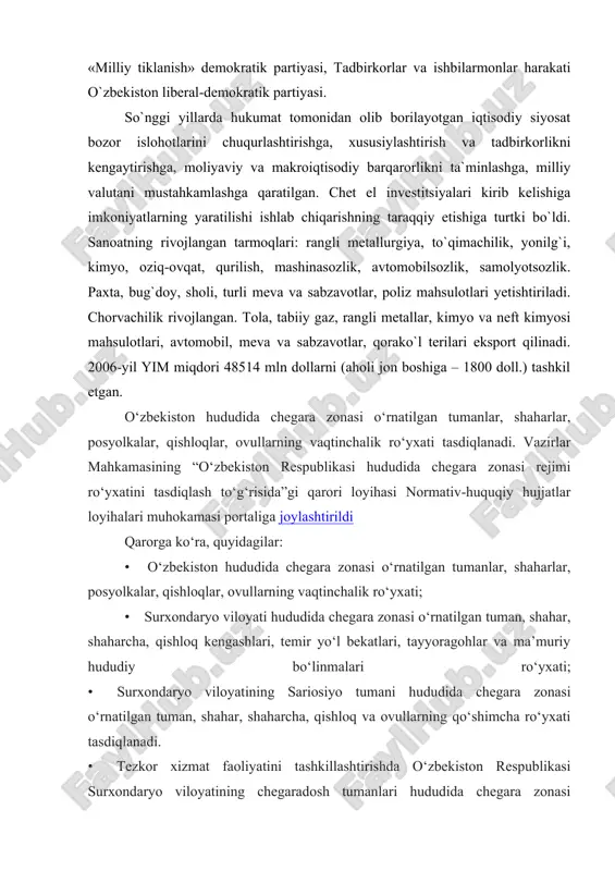 tasdiqlanadi. • tezkor xizmat faoliyatini tashkillashtirishda o‘zbekiston respublikasi surxondaryo viloyatining chegaradosh tumanlari hududida chegara zonasi o‘rnatilgan tuman, shahar, shaharcha, qishloq kengashlari, temir yo‘l bekatlari, tayyoragohlar va boshqa ma’muriy hududiy bo‘linmalarining ro‘yxatiga amal qilinadi. chegara zonasida joylashgan aholi yashash maskanlarida chegara va pasport rejimiga rioya etilishi ustidan doimiy nazorat tashkil etiladi. chegara va pasport rejimi qoidalariga rioya etilishi ustidan nazorat qilishda “o‘zbekiston respublikasi davlat chegaralari to‘g‘risida”gi qonun, o‘zbekiston vazirlar mahkamasining 2018 yil 5 iyuldagi 504˗son “o‘zbekiston respublikasi hududida chegara rejimi to‘g‘risidagi nizomni tasdiqlash haqida”gi qarori talablariga amal qilinadi. chegara zonasiga kirish (o‘tish), bu yerda bo‘lish (yashash), harakatlanish va ishlarni amalga oshirish tartibi haqida ommaviy axborot vositalarida aholi manzilgohlari va mehnat jamoalarida tushuntirish ishlari o‘tkazilishi tashkil etilib, bunda ichki ishlar idoralarining tajribali xodimlari va chegara qo‘shinlari harbiy xizmatchilari jalb etiladi. mazkur qaror kuchga kirgan kundan boshlab o‘zbekiston ichki ishlar vazirligi va davlat chegaralarini himoya qilish qo‘mitasining 2000 yil 15-sentyabrdagi 196/164-son (ro‘yxat raqami …