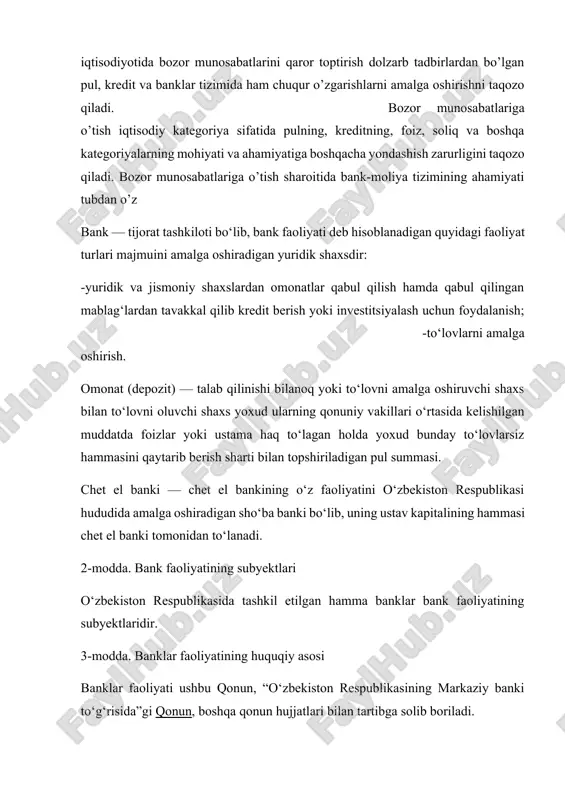 loan ] [2: https://agrobank.uz/uz/person/loans/loan-vegetable-fruit ] -chet el valyutasini naqd pul va naqd bo‘lmagan pul shakllarida yuridik hamda jismoniy shaxslardan sotib olish va ularga sotish; -pul mablag‘lari, veksellar, to‘lov va hisob-kitob hujjatlarini inkasso qilish; -uchinchi shaxslar nomidan majburiyatlarning bajarilishini nazarda tutuvchi kafolatlar berish; -uchinchi shaxslardan majburiyatlarning bajarilishini talab qilish huquqini olish; -qimmatli qog‘ozlar chiqarish, xarid qilish, sotish, hisobini yuritish va ularni saqlash, mijoz bilan tuzilgan shartnomaga binoan qimmatli qog‘ozlarni boshqarish, qimmatli qog‘ozlar bilan boshqa operatsiyalarni bajarish; -bank faoliyati yuzasidan maslahat va axborot xizmati ko‘rsatish; -jismoniy va yuridik shaxslarga hujjatlar va boshqa boyliklarni saqlash uchun maxsus binolar yoki ular ichidagi po‘lat sandiqlarni ijaraga berish; -moliyaviy lizing; -mikroqarz berish; -xalqaro bank amaliyotiga muvofiq, litsenziyada maxsus ko‘rsatilgan boshqa operatsiyalar. banklar bevosita ishlab chiqarish, savdo va sug‘urta faoliyati bilan shug‘ullanishga haqli emaslar, qonun hujjatlarida nazarda tutilgan hollar bundan mustasno i. “agrobank” aksiyadorlik tijorat bankining tashkil topishi. bank tarixi. o’zbekistondagi bank tizimi. tarixi bank ishining dastlabki …