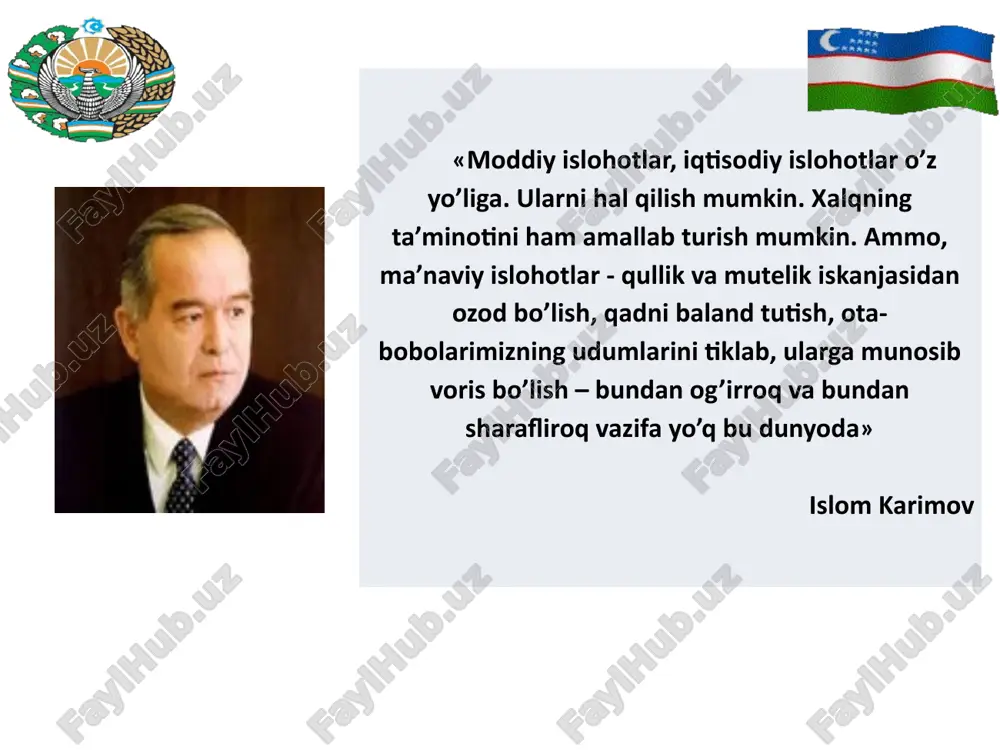 n yoshlar tomonidan sodir etilmoqda bugungi dunyo yoshlari — son jihatidan butun insoniyat tarixidagi eng yirik avloddir, chunki ular 2 milliard kishini tashkil etmoqda 10 bu erda 30 yildan ortiqroq davom etayotgan urush o'zbekiston va markaziy osiyoda yashayotgan xalklar uchun ofatdir bu xavf-xatar bizlarga nima olib kelishi mumkin, degan o'y bilan sezgir yashashimiz, unga qarshi oldindan chora-tadbirlarni ko'rishimiz talab etiladi transchegaraviy daryolar suv zahiralaridan oqilona foydalanish masalalarini hal etish o'zbekiston tashqi siyosatining alohida ustuvor yo'nalishi bo'lib qolmoqda. transchegaraviy daryolarning yuqori oqimida joylashgan mamlakatlarda qo'shni davlatlar bilan tegishli maslahatlashuvlar va muvofiqlashtiruvlar o'tkazishni inkor etgan holda g'oyat ulkan geslar qurish yo'lida harakat qilinmoqda. transchegaraviy daryolar suv zahiralaridan oqilona foydalanish muammolari har bir alohida davlatning jahon inqiroziga ta'sirchanlik darajasi olib borilayotgan islohotlarning turi, moliya-iqtisodiy va bank tizimining mustahkamligiga bog'liq. bugun o'tgan davrda, xususan, jahon inqirozi davrida o'zbekistonning rivojlanish va iqtisodni isloh qilish modeli o'zini to'laligicha oqladi deyishga barcha asoslarimiz bor. inqirozga qarshi turish …