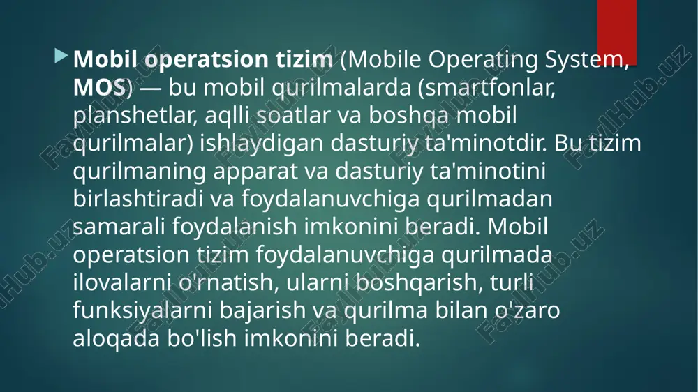 izim boshqa kompaniyalar tomonidan o'zlarining ehtiyojlariga qarab o'zgartirilgan versiyalarda ishlatiladi. android faqat bitta kompaniya tomonidan ishlab chiqilmagan. samsung, xiaomi, huawei, oneplus, lg, sony va boshqa ko'plab brendlar o'z qurilmalarida android tizimidan foydalanadi. bu tizimning ko'plab qurilmalarda ishlatilishi uni yanada keng tarqalgan va universal qiladi. android tizimi foydalanuvchiga qurilmaning ko'rinishini va ishlashini moslashish imkonini beradi. ularning turli versiyalari, qurilma ekranlarini sozlash va tizimni shaxsiylashtirish imkoniyatlari mavjud. xulosa: android: ochiq tizim bo‘lib, juda moslashuvchan va keng qurilmalarda ishlaydi. arzon va qimmat telefonlar mavjud. ilovalarni tashqaridan o‘rnatish mumkin, lekin xavfsizlik o‘rtacha. ios: yopiq tizim, xavfsiz va barqaror ishlaydi. faqat apple qurilmalari bilan mos keladi. ilovalar sifati yuqori, lekin narxi qimmat va tizimni moslashtirish cheklangan. harmonyos: huawei tomonidan ishlab chiqilgan yangi tizim. bir nechta qurilmalar bilan ishlashga mo‘ljallangan va xavfsizlik darajasi yuqori. faqat huawei qurilmalari bilan ishlaydi va ilovalar soni cheklangan. image2.png image3.png image4.png image5.png /docprops/thumbnail.jpeg