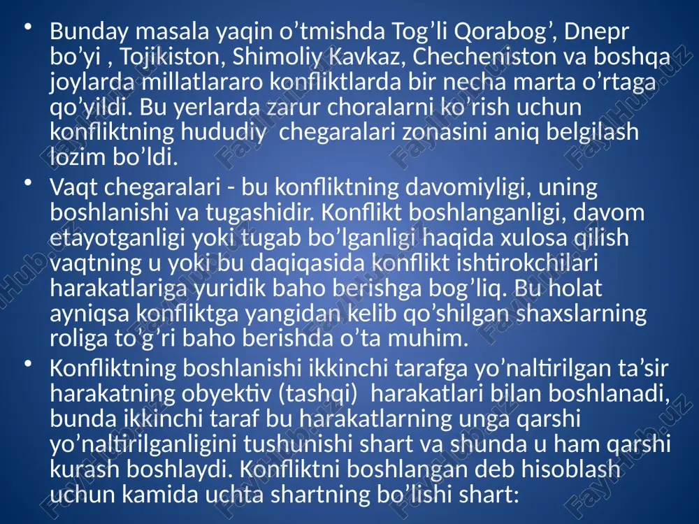 hisini aniqlash qiyin bo’lmagan. iroqning qo’shni mamlakatga nisbatan agressiv, bosqinchilik harakati bmt va butun jahon hamjamiyati tomonidan salbiy baholangan. rossiya va mdh davlatlarining hududida xx asrning 90-yillarida bo’lib o’tgan ko’p sonli millatlaro konfliktlarning sababchisini aniqlash esa qiyinroq. dastlabki qadamlarning noaniqligi, harakatlarning chalkashligi, o’zaro ayblovlar, axborotlarning xolis emasligi konfliktni borishini orqaga suradi, uning tez va asoratsiz tugashiga to’sqinlik qiladi, asl aybdorlarni aniqlanishini qiyinlashtiradi. konfliktni tugashi bir xil natija bilan yuz bermaydi. konflikt tamom bo’lishi (masalan, taraflarning kelishuvi bilan), konfliktdan taraflardan birining chiqib ketishi yoki uning yo’q qilinishi (urush tufayli yoki jinoyat sodir etilishida) bilan ro’y berishi mumkin. nihoyat, konflikt tugatilishi va uning avj olishining to’xtatilishi uchinchi shaxslarning aralashuvi natijasida ham sodir bo’lishi mumkin. masalan, ayrim hollarda jinoiy konfliktlar shu tariqa tugaydi. xalqaro munosabatlar amaliyoti xalqaro konfliktlarga barham berish borgan sari uchinchi shaxslar harakatlari va aralashuvi asosida hal etilayotganligini ko’rsatmoqda (bmt qo’shinlarini kiritish, diplomatik vositachilik va b). aytish o’rinliki, «bmt tinchlik o’rnatish …