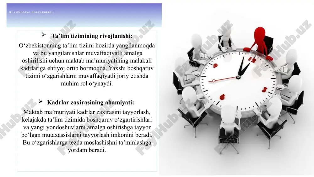 arini o‘tkazib, o‘quvchilarni boshqarish, maktab ichidagi jarayonlarni yaxshilashga oid muammolarni yechishga o‘rgatiladi yaponiyada maktab direktori o‘rinbosarini tayinlash jarayonlari prefektura ta’lim boshqarmasi tomonidan maxsus yuritilib boriladigan kadrlar zaxirasidan olinadi va bu kadrlar muntazam ravishda malaka kurslaridan o‘tib metodik qo‘llab quvvatlanib turiladi. direktor o‘rinbosariga zaxira nomzod bo‘lish uchun yuksak salohiyat, obro‘ va shaxsiy xulq asosiy o‘rin tutadi angliyada maktab rahbarlari, asosan, o‘qituvchilar sifatida boshlashadi. o‘qituvchilarni tayyorlash tizimi bir necha bosqichdan iborat bo‘lib, bu bosqichlarda ular pedagogik bilimlarni chuqurlashtiradilar. o‘qituvchilik malakalarini olishdan keyin, ular rahbarlikka tayyorlanishadi. angliyada maktab rahbarlari uchun maxsus tayyorlov dasturlari mavjud amaldagi holat o‘zbekistonda amaldagi holat xorijda taklif qiyosiy tahlil etilganligi oʻzbekistonda bu jarayon hali rivojlanayotgan bosqichda bo‘lib, maktab rahbarlarini tayyorlash tizimi ko‘proq nazariy asosda yuritiladi. . germaniyada maktab rahbarlari uchun maxsus tayyorlov dasturlari mavjud. bu jarayon ko‘pincha universitetlarda yoki taʼlim markazlarida amalga oshiriladi. yuqori sifatli kadrlarni tayyorlash uchun aniq seleksiya, doimiy malaka oshirish, mentorlik tizimi va yetakchilik ko‘nikmalarini rivojlantirishimiz …