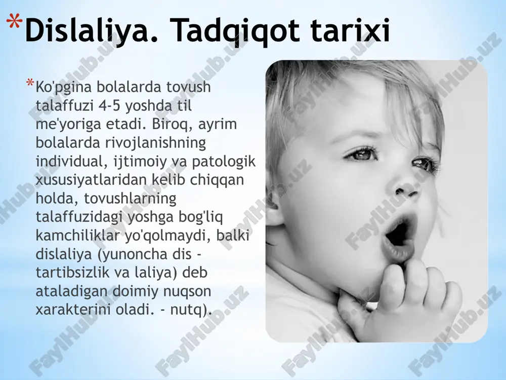 zaifligi, ayniqsa faol nutqni shakllantirish davrida;aqliy zaiflik (minimal miya disfunktsiyasi), nutq rivojlanishining kechikishi, fonemik idrokning selektiv buzilishi;bolaning muloqotini rivojlantirishga to'sqinlik qiladigan noqulay ijtimoiy muhit (cheklangan ijtimoiy aloqalar, noto'g'ri nutq shakllariga taqlid qilish, shuningdek, tarbiyadagi kamchiliklar, ota-onalar bolaning nomukammal talaffuzini o'stirishlari va shu bilan bolaning ovozli talaffuz rivojlanishini kechiktirish). funktsional dislaliya logopediya rivojlanishining hozirgi bosqichida nuqsonning malakasi nutqni o'rganadigan turli fanlarning mezonlari to'plamiga asoslanadi. shu bilan birga, pedagogik bilim sohasi sifatida nutq terapiyasi uchun nutq terapiyasi aralashuvining o'zi uchun muhim bo'lgan buzilishning bunday belgilarini aniqlash, ya'ni nuqson fonemik yoki fonetik ekanligini hisobga olish muhimdir.taklif etilgan mezonlarga muvofiq dislaliyaning uchta asosiy shakli ajratiladi: akustik-fonemik, artikulyatsion-fonemik, artikulyar-fonetik.. akustik-fonemik dislaliya bunga nutqni idrok etish mexanizmining sensorli bo'g'inida akustik parametrlariga ko'ra fonemalarni qayta ishlash operatsiyalarining tanlab yetilmaganligidan kelib chiqqan nutqning tovush dizaynidagi nuqsonlar kiradi. bunday operatsiyalarga tovushlarning akustik xususiyatlarini aniqlash, tanib olish, solishtirish va fonema haqida qaror qabul qilish kiradi.buzilishning asosi fonemik eshitishning etarli darajada …