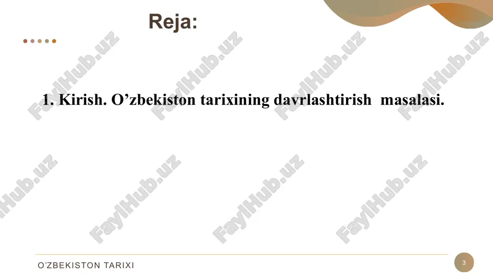 lakatimiz hududida kechgan ijtimoiy-siyosiy, iqtisodiy, madaniy jarayonlar; ishlab chiqarish kuchlari va vositalarining takomillashib borishi; til va yozuv, ilm-fan va madaniyatning rivojlanishi; davlat boshqaruv shakllari va evolyusiyasi; etnik jarayonlar, urf-odat va rasm-rusumlar; diplomatiya va elchilik aloqalari; sulolalar, tarixiy geografiya; milliy ozodlik harakatlari; din, mafkura va turli g‘oyalar; buyuk tarixiy shaxslar, davlat arboblari va boshqalar o’zbekiston tarixi yordamchi tarix fanlar 12 arxeologiya antropologiya etnografiya lingvistika epigrafika numizmatika xronologiya geneologiya manbashunoslik va boshqalar o’zbekiston tarixi o‘zbekistonning eng yangi tarixi fanining maqsadi 13 o‘zbekiston tarixini o‘qitish orqali o‘quvchilar yurtimiz hududida kechgan ijtimoiy-siyosiy jarayonlarni musta-qil tahlil qilishga o‘rganadi, mazkur jarayonlarning rivojlanish qonuniyat-lari, sabab va oqibatlarini tushunib hamda ochib berish orqali yoshlarning ilmiy dunyoqarashlarini shakllanti-rish, ularning ma’naviy-ma’rifiy salohiyatlarini yuksaltirish ajdodlar an’analariga sadoqat, milliy o‘zlikni anglashga o‘rgatish asosiy maqsad qilib belgilanadi. o’zbekiston tarixi o‘zbekistonning eng yangi tarixi fanining vazifalari 14 o‘zbekiston tarixi fani jahondagi ilg‘or, taraqqiyparvar, demokratik kuchlar hamda davlatlarning tajriba-larini umumlashtirish asosida xalqimizda yangicha ijtimoiy-siyosiy dunyoqarash …