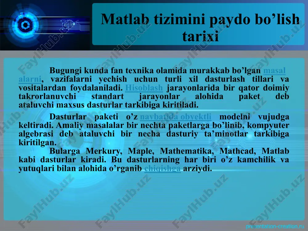 azorat savollari matlab sistemasi qanday masalalarni yechishga mo’ljallangan? matlab oynasining asosiy elementlarini tushuntiring? matlabning asosiy menyu bandlari vazifalari qanday? asosiy matematik o’zgarmaslar matlabda qanday tasvirlanadi? matlabda ratsional sonlar qanday ko’rinishda beriladi? matlab buyruqlari qanday maxsus belgilar bilan tugaydi ? factor, expand, simplify, collect buyruqlarining vazifalarini tushuntiring. image2.jpg image7.png image8.png image9.png image10.png image11.png image12.png image13.png image14.png image15.png image16.png image1.jpg image3.png image6.png