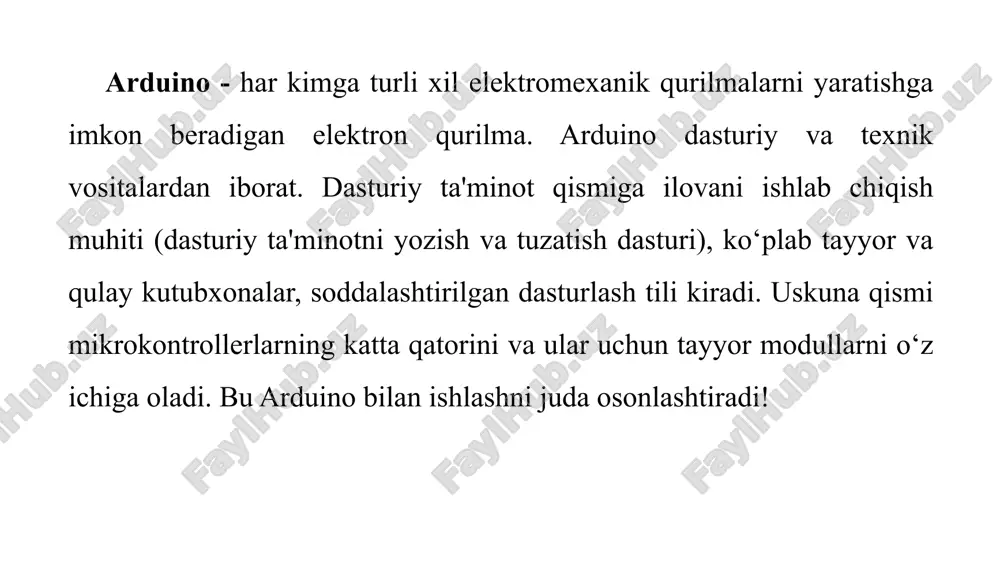 idan windows va arduino ide bo‘lsa, drayverlarni drayverlar papkasidan o‘rnating 3. arduino -ni kompyuterga usb orqali ulang 4. arduino ide -ni ishga tushiring 5. "asboblar → platforma" da platforma modelini tanlang 6. "asboblar → serial port" da u ulangan portni tanlang 7. "fayl → misollar" dan dastur yozing yoki tayyor misolni yuklang. 8. kengashni yoritish uchun asboblar panelidagi "yuklab olish" tugmasini bosing! siz platformani xohlaganingizcha takrorlashingiz mumkin. kengash quvvatlangach, dastur saqlanadi. havolalar https://svet-komfort.ru/doma/princip-raboty-arduino.html https://arduinoplus.ru/mikronontroller-arduino/ thank you that you took the time to watch image1.png image2.jpeg image3.jpeg image4.jpeg image5.jpeg image6.jpeg image7.jpeg image8.png image9.png image10.png image11.jpeg image12.jpeg image13.png image14.png /docprops/thumbnail.jpeg