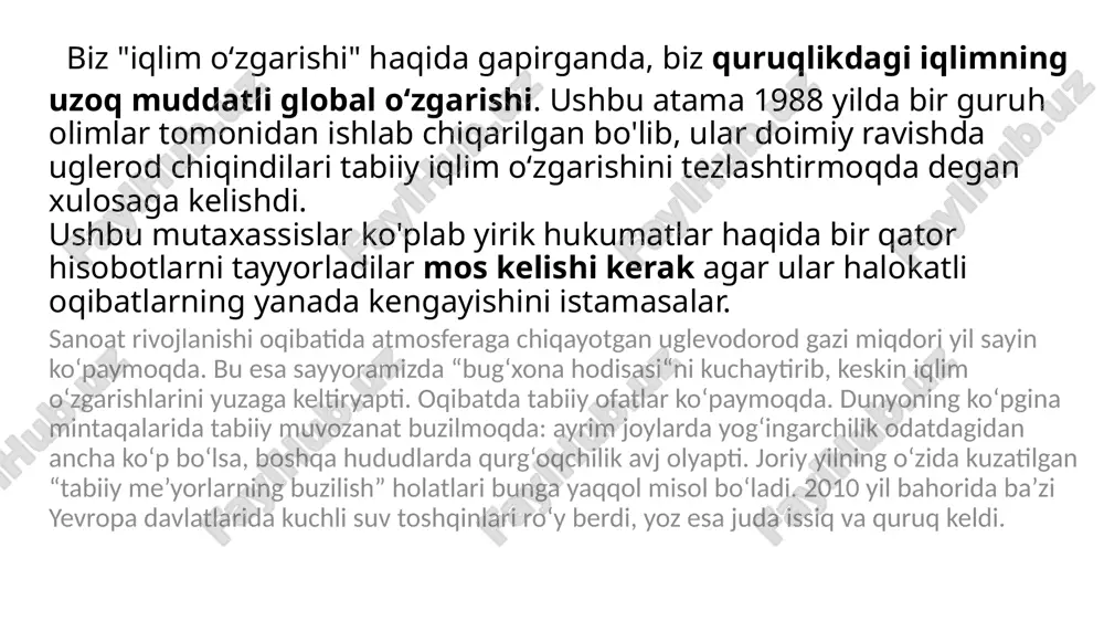 darajagacha yuqori harorat va dengiz sathining xnumx dan xnumx santimetrgacha ko'tarilishi kutilmoqda. tirik mavjudotlarga ta'siri o'lim, kasalliklar, allergiya, to'yib ovqatlanmaslik, ... qisqasi, yuqori harorat tufayli biz yoqtirmaydigan narsalar ko'payadi. bundan tashqari, yangi kasalliklar paydo bo'ladi va odatda tropik mintaqalarda to'planganlar, o'rta kengliklarga qarab harakatlanadi. o'simliklar va hayvonlar ham ta'sir qiladi: gullash yoki tuxum qo'yish kabi bahor voqealari erta keladi. ba'zi turlar migratsiyani to'xtatadi, boshqalari esa omon qolishni xohlasalar, bunga majbur bo'ladilar. hozirgi ob-havoning o‘zgarishi oqibatlari biz harorat ko'tarilishini bilamiz, ammo biz nimaga duch kelishimiz kerak? yoqimli iqlimga ega bo'lish ko'p odamlar uchun yaxshi yangilik bo'lishi mumkin, ammo haqiqat shundaki, biz o‘z dunyomizni abadiy o‘zgartirishi mumkin bo'lgan oqibatlarga tayyorlanishimiz kerak. yerdagi oqibatlar co2 chiqindilarini ko'paytirish orqali okean ushbu gazni ko'proq singdiradi kislotalaydi. natijada ko'plab hayvonlar, masalan, mercan yoki midiya nobud bo'ladi. yuqori kengliklarda suv o'tlari va planktonlar hajmi o‘zgaradi. pastki orollar va qirg'oqlar suv ostida qoladi dengiz sathining ko'tarilishi tufayli; va …