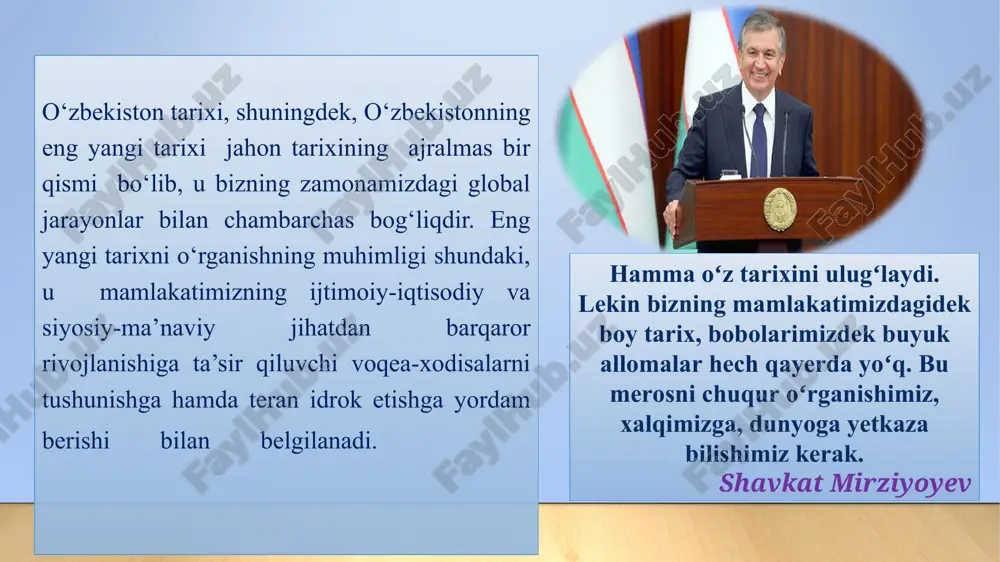 si prezidenti shavkat mirziyoyevning bmt bosh assambleyasining 72-sessiyasida so’zlagan nutqidan 2017−2021 yillarda o’zbekistonni rivojlantirishninh beshta ustuvor yonalishi bo’yicha harakatlar strategiyasi davlat va jamiyat qurilishi tizimini takomillashtirishning ustuvor yonalishlari iqtisodiyotni rivojlantirish va liberallashtirishning ustuvor yonalishlari qonun ustuvorligini ta’minlash va sud-huquq tizizmini yanada isloh qilishning ystuvor yonalishlari ijtimoiy sohani rivojlantirishning ustuvor yonalishlari xavfsizlik, millatlararo totuvlik va diniy bag’rikenglikni ta’minlash hamda chuqur o’ylangan, o’zaro manfaatli va amaliy tashqi siyosat sohasidagi ustuvor yonalishlar o'zbekistonning eng yangi tarixini davrlashtirish o'zbekiston tarixini davrlashtirishning bir necha usullari mavjud. arxeologik davrlashtirish, tarixiy davrlashtirish, asosiy ishlab chiqaruvchi kuchlar va ishlab chiqarish usuliga ko'ra davrlashtirish, sulolaviy davrlashtirish va boshqalar davrlashtirish mustaqillik arafasida sobiq sovet davlatining ijtimoiy-iqtisodiy, siyosiy, mafkuraviy va madaniy rivojlanishi.qayta qurish. paxta ishi. milliy o'zlikni anglash o'zbekistonda davlat mustaqilligining qo'lga kiritilishi o'zbek modeli o'tish davri o'zbekistonda davlat hokimiyatining shakllantirilishi 1991-2016 yillardagi umumiy tarixiy vaziyat 2016 yil va yangi o'zbekiston jamiyatini qurish yo'lidagi islohotlar2017-2021 yillarda o'zbekiston respublikasini rivojlantirishning beshta ustuvor …