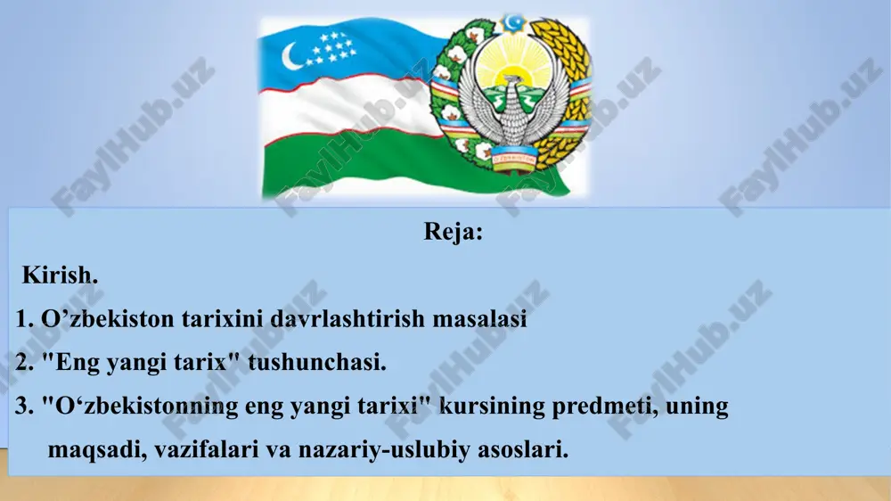 hokimiyatining shakllantirilishi 1991-2016 yillardagi umumiy tarixiy vaziyat 2016 yil va yangi o'zbekiston jamiyatini qurish yo'lidagi islohotlar 2017-2021 yillarda o'zbekiston respublikasini rivojlantirishning beshta ustuvor yo'nalishlari bo'yicha harakatlar strategiyasi fanni o’rganishning metodogik manbalari. birinch prezident i.karimov asarlari darslikalar, mutahasislar asarlari, ilmiy to’plamlar fanni o’rganishning nazariy-uslubiy asoslari. qiyoslash, analiz-sintez va boshqalar “o’zbekistonning eng yangi tarixi” o’quv faninig predmeti mustabid sovet tuzumining inqirozi boshlangan xx asrning 80-yillari oxiridan boshlab to bugungi kunga qadar o‘zbekistonda kechgan tarixiy jarayonlar. “o’zbekistonning eng yangi tarixi” o’quv faninig ob’yekti aniq tarixiy davr, makon, zamon va minraqaviy chegaralar, ma’lum bir xalq, millat, mamlakat tarixi bilan bog’liq bo’lib, shular doirasidagi voqea va hodisalarning bir butun va yaxlitlikda o’z ichiga oladi. “o’zbekistonning eng yangi tarixi” o’quv faninig maqsadi respublika iqtisodiyotini isloh qilish, iqtisodiy, siyosiy va sud tizimini liberallashtirish, suverenitet, demokratiya, "o‘zbek modeli" kabi tushunchalarning mohiyati va mazmunini ochib berishdan, shuningdek, xalqaro munosabatlar, dunyoning zamonaviy manzarasi, globallashuv jarayonlari, ma’naviy qadriyatlarning tiklanishi, milliy mustaqillik …