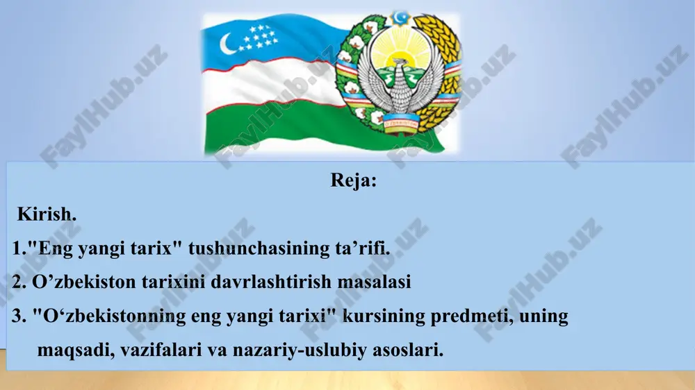 namoyon qilishi uchun zarur sharoitlar yaratishdan iborat. o’zbekiston respublikasi prezidenti shavkat mirziyoyevning bmt bosh assambleyasining 72-sessiyasida so’zlagan nutqidan 2017−2021 yillarda o’zbekistonni rivojlantirishninh beshta ustuvor yonalishi bo’yicha harakatlar strategiyasi davlat va jamiyat qurilishi tizimini takomillashtirishning ustuvor yonalishlari iqtisodiyotni rivojlantirish va liberallashtirishning ustuvor yonalishlari qonun ustuvorligini ta’minlash va sud-huquq tizizmini yanada isloh qilishning ystuvor yonalishlari ijtimoiy sohani rivojlantirishning ustuvor yonalishlari xavfsizlik, millatlararo totuvlik va diniy bag’rikenglikni ta’minlash hamda chuqur o’ylangan, o’zaro manfaatli va amaliy tashqi siyosat sohasidagi ustuvor yonalishlar bugungi kunda o’zbekiston tarixini davrlashtirish masalasida tarixchi olimlar quyidagi yettita asosiy davrni taklif qiladilar: 1. ibtidoiy to’da davri 1 mln. - 40 ming yilliklar orasi 2. urug’chilik jamoasi va mulk egaligining shakllanishi davri 40 ming yillikdan - milodiy iii-iv asrlargacha 3. ilk o’rta asrlar davri milodiy iii-iv asrlardan to ix asr boshlarigacha 4. o’rta asrlar davri ix asr boshlaridan to xix asrning o’rtalarigacha 5. mustamlakachilik va milliy uyg’onish davri xix asr o’rtalaridan - …