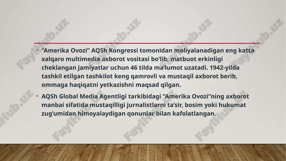ravishda ishlab kelayotgan bo‘lim vashingtonda olti kishilik tahririyatga va markaziy osiyo bo‘ylab o‘z jamoatchi muxbirlariga ega. asosan yangiliklar, axborot va madaniy dasturlarni yoritishga yo‘naltirilgan. amerika ovozi bugun 6 yil avval, o‘zbekiston tashqi ishlar vazirligi «amerika ovozi» xalqaro jamoatchilik radiokompaniyasini akkreditatsiyadan o‘tkazdi. bu haqda vazirlik rasmiy saytida ma’lum qilindi. 2018-yil 10-may holatiga ko‘ra, xorijiy ommaviy axborot vositalarining 41 nafar muxbiri tashqi ishlar vazirligi tomonidan akkreditatsiyadan o‘tkazilgan. «amerika ovozi» xalqaro jamoatchilik radiokompaniyasidan esa navbahor imomovaga o‘zbekistonda faoliyat yuritish huquqi berilgan. navbahor imomova toshkent viloyati bo‘stonliq tumani qo‘shqo‘rg‘on qishlog‘ida ziyoli oilasida ulg‘aygan. jurnalist «amerika manzaralari» turkumidagi ilk teledasturlar muallifi, tv, radio va onlayn diktor, prodyuser, muxbir va muharrirdir. amerika ovozi’da 2002 yildan beri ishlaydi. jurnalistik faoliyatini 1996 yilda o‘zbekiston radiosining «xalqaro hayot» redaksiyasida boshlagan. jahon tillari universitetining xalqaro jurnalistika fakultetida dars bergan. ommaviy axborot vositalari bo‘yicha bakalavrlikni hindistonning maysur universitetidan (university of mysore), magistrlikni esa aqshning bol davlat universitetidan (ball state university) olgan. …