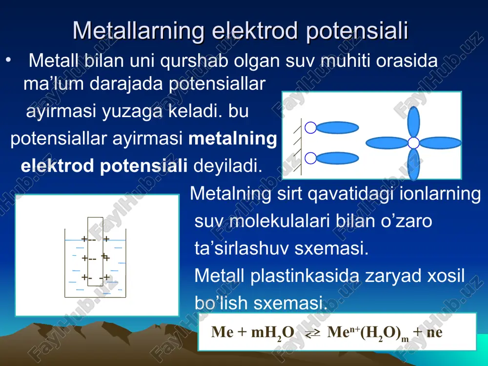 += zn2++ cu0 bu galvanik elementni quyidagi elektrokimyoviy sxema bilan yozish mumkin : a(-)zn2+/ zn// na2 s04 //cu2+/ cu(+)k bundan ko‘rinadiki, anodda oksidlanish jarayoni, katodda qaytarilish jarayoni boradi. galvanik elementning elektr yurituvchi kuchi (e.yu.k.) ni aniqlash uchun elektrod potentsial qiymati kattasidan qiymati kichigi ayirib tashlanadi. masalan, normal koncentratsiyalardagi rux-mis elementida : e.yu.k.=e0 cu ^ (2+)/ cu - e0 zn ^ (2+)/ zn =+0,34-(-0,76)= +11 v elektrod potentsial qiymatiga elektrod metali bilan bir xil kation koncentratsiyasi katta ta’sir qiladi. metall elektrodlarining eritmadagi ionlar koncentratsiyasi oshsa, potentsiali kamayadi, natijada metallmas elektrodlarning potentsiali ortadi. metall ionlar koncentratsiyasi 1 mol/l ga teng bo‘lmasa, galvanik elementdagi har qaysi elektrodning potensialini aniqlash uchun nernst tenglamasidan foydalaniladi: rt 8,315298 e=——— lnc+ e0=2,303—————lgc+ e0 nf n96500 formuladagi 2,303 natural logarifmdan unli logarifmga o‘tish soni, yoki : 0,059 e=e0+————lgc n bu yerda : e-berilgan koncentratsiyadagi elektrodning potensiali, e0-standart elektrod potentsiali. standart vodorod elektrod taqqoslash elektrodi sifatida odatda standart vodorod …