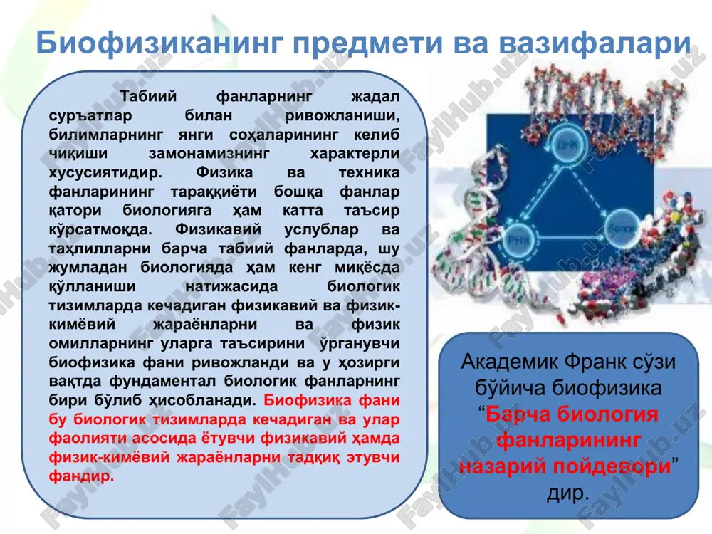 kli o'zgarishlari kabi tizim xususiyatlari o'zgarishlarini keltirib chiqaruvchi mexanizmlar statistik usulda tadqiq etiladi. fotobiologik jarayonlar biofizikasida biologik membranada energiya bog'lash mexanizmlari molekulyar darajada ko'rib chiqiladi. umumiy holda biofizika biologik tizimlarning molekulyar darajadagi nazariy asoslarini ishlab chiqishga qaratilgan fan sohasi hisoblanadi. ushbu asosda biologik tizimlarda amalga oshuvchi dinamik jarayonlarni mantiqiy xulosalarga tayangan holda boshqarish uslublarini ishlab chiqish imkoniyati yuzaga keladi. murakkab biologik tizimlar biofizikasida jarayonlar kinetikasi aniq yo'nalishda kechuvchi biokimyoviy o'zgarishlar va biomembranalarda elektr potentsialining hosil bo'lishi va tarqalishi, biologik ritmlar, biomassa yoki turlarning ko'payishi, organizmlar populyatsiyalari o'rtasidagi aloqalar kabi jarayonlarning vaqt davomiyligiga bog'liq o'zgarishlarini o'rganadi. biofizikaviy tadqiqotlarning predmeti biopolimerlarning strukturasi va xossalari, tabiiy va sun'iy membranalar, ion kanallari, murakkab tuzilgan biologik tizimlar hisoblanadi. biofizika o'z ichiga alohida olingan makromolekulalarning tuzilishi va xossalarini o'rganishdan tortib, biosfera darajasida kechadigan murakkab jarayonlarning mexanizmi va ichki dinamikasigacha bo'lgan muammolarni qamrab oladi. biologiyadagi ko'p muammolarni tushunishda tabiatdagi qonuniyatlarning o'zaro bog'liqligini bilish, tirik organizmlarga va tizimlarga …