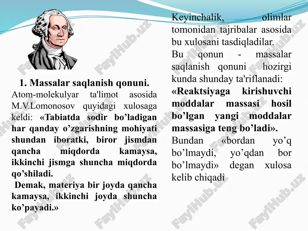 ldi: «bir xil sharoitda (bosim va haroratda) gaz moddalarning teng hajmlaridagi molekulalar soni bir xil bo’ladi». demak, 1 gramm-molekulalardagi molekulalar soni tengdir. turli yo’llar bilan hisoblanib, bir gramm molekulada 6,02.1023 molekula borligi aniqlangan. o’zgarmas bu son avogadro soni deb ataladi va n harfi bilan belgilanadi. elementlarning gramm atomida ham n ta atom bo’ladi. element gramm atom massasining (a) avogadro soni n(a) ga nisbati atom massasini belgilaydi: avogadro qonunining yana bir muhim xulosasi bor: m(abs) =a/ n(a) avogadro qonuni 14 avogadro qonuni bir xil sharoitda olingan gazlarning teng hajmlaridagi molekulalar soni o’zaro teng. demak, gazlarning gramm-molekulalari hajmlari o’zaro tengdir. darhaqiqat, n. sh. da (00c va 760 mm da) har qanday gazning 1 gramm molekulasi 22,4 l hajmni egallaydi. bu hajm gazlarning gramm molekulyar (molyar) hajmi deyiladi. gazning molyar hajmi –bu moda hajmining shu moddaning mitqdoriga nisbatidir: bu erda vm-gazning molyar hajmi; v-sistemadagi moddaning hajmi; n-sistemadagi moddaning miqdori. gazsimon moddalarning molyar massalari …