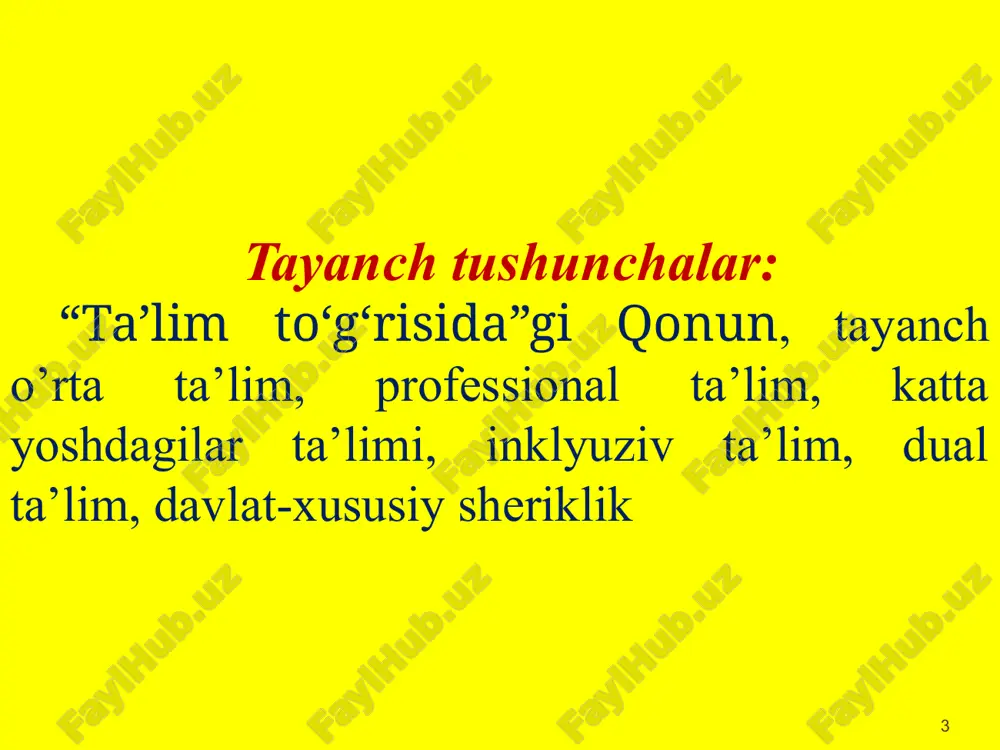 ntirishga, shuningdek bolalarni umumiy o‘rta ta’limga tayyorlashga qaratilgan ta’lim turidir. maktabgacha ta’lim va tarbiya olti yoshdan yetti yoshgacha bo‘lgan bolalarni boshlang‘ich ta’limga bir yillik majburiy tayyorlashni ham nazarda tutadi. maktabgacha ta’lim va tarbiyani tashkil etish tartibi ushbu qonun, shuningdek “maktabgacha ta’lim va tarbiya to‘g‘risida”gi o‘zbekiston respublikasi qonuni bilan belgilanadi. * umumiy o‘rta va o‘rta maxsus ta’lim umumiy o‘rta va o‘rta maxsus ta’lim umumta’lim o‘quv dasturlarini, zarur bilim, malaka hamda ko‘nikmalarni o‘zlashtirishga qaratilgan. umumiy o‘rta ta’lim (i — xi sinflar) bosqichlari quyidagilardan iborat: boshlang‘ich ta’lim (i — iv sinflar); tayanch o‘rta ta’lim (v — ix sinflar); o‘rta ta’lim (x — xi sinflar). * umumiy o‘rta ta’lim tashkilotining birinchi sinfiga bolalar ular yetti yoshga to‘ladigan yilda qabul qilinadi. boshlang‘ich ta’lim ta’lim oluvchilarda umumiy o‘rta ta’limni davom ettirish uchun zarur bo‘lgan savodxonlik, bilim, malaka va ko‘nikmalar asoslarini shakllantirishga qaratilgan. tayanch o‘rta ta’lim o‘quv dasturiga muvofiq ta’lim oluvchilarga bilim, malaka va ko‘nikmalarning zaruriy hajmini …