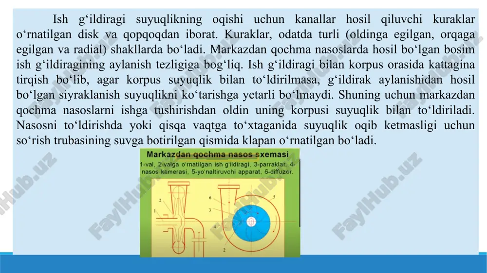 ori podshipniklar; 5-diffuzor; 6-nasos qobig’i; 7-val; 8-kuraklarini burish dastasi; 10-lappakli mufti diagonal nasoslar diagonal nasoslarda suyuqlik ishchi g’ildirakka o’q yo’nalishida kirib, diagonal yo’nalishida chiqadi. shuning uchun diagonal nasos deb nomlangan. konstruksiyasiga ko’ra diagonal nasos o’qli nasosga o’xshab ketadi, uning asosiy farqi - ishchi g’ildiragining shaklida. ikki xil tuzilishidagi diagonal nasoslar ishlab chiqariladi: ochiq ishchi g’ildirakli va to’g’rilovchi moslamali; berk ishchi g’ildirakli va spiralsimon olib ketuvchi moslamali. diagonal nasoslarning asosiy detallari tuzilishi va ularning ish tartibi markazdan qochma va o’qiy nasoslarga o’xshaydi. ochiq ishchi g’ildirakli nasoslarning kuraklarini buriluvchan holda tayyorlanishi ham mumkin. diagonal nasoslar bir pog’onali.va ko’p pog’onali gorizontal va vertikal valli ko’rinishda ishlab chiqariladi. ish ko’rsatkichlari (q,h) bo’yicha ushbu nasoslar markazdan qochma va o’qiy nasoslar orasida joylashgan (1.4-rasm) bo’lib, ulami suv uzatishi yuqori va bosimi n=10...60 m bo’lgan hollarda qo’llash maqsadga muvofiqdir. bunday hollarda diagonal nasoslar yaxshi kavitasion va ekspluatasion xususiyatlarga ega bo’ladi. diagonal nasoslar tasvirlari: a-ochiq ishchi g’ildirakli; b …