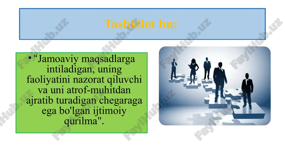 ) va ta'lim, tibbiyot kabi davlat xizmatlari. xarajatlar egalari foydani maksimal darajada oshirish foyda tovarlar va xizmatlarni chiqarish tijorat tashkiloti xarajatlar tovar va xizmatlar chiqarish xizmatlarni taqdim etish jamoat vakillari daromadni oshirish uchun xarajatlarni kamaytirish notijorat tashkilot 2 xususiy va davlat sektorlari xususiy sektor. markaziy yoki mahalliy hukumat yoki davlat idoralariga tegishli bo'lmagan yoki boshqarmaydigan tashkilotlar • davlat sektori. markaziy yoki mahalliy hukumatlar yoki davlat idoralariga tegishli yoki boshqaradigan tashkilotlar mas'uliyati cheklangan jamiyatlar mas'uliyati cheklangan jamiyat o'z egalaridan (aktsiyadorlaridan) alohida yuridik shaxs maqomiga ega. ularning tavakkalchiligi odatda aksiyani sotib olayotganda kompaniyaga qo'ygan mablag'lari bilan cheklanadi. bu cheklangan masuliyat deb ataladi. yakka tartibdagi tadbirkorlik va sheriklik odatda kichik yoki o'rta biznesga tegishli bo'lsa, mas'uliyati cheklangan jamiyat maqomi barcha o'lchamdagi korxonalar uchun qo'llaniladi. mas'uliyati cheklangan jamiyatda egalik qilish va nazorat qilish, bir jismoniy shaxs qo'lida bo'lishi mumkin bo'lsa ham, tashkilot hamda jismoniy shaxs qonun bilan ajratiladi. (a) aktsiyadorlar mulkdorlardir, lekin kompaniyaning kundalik …