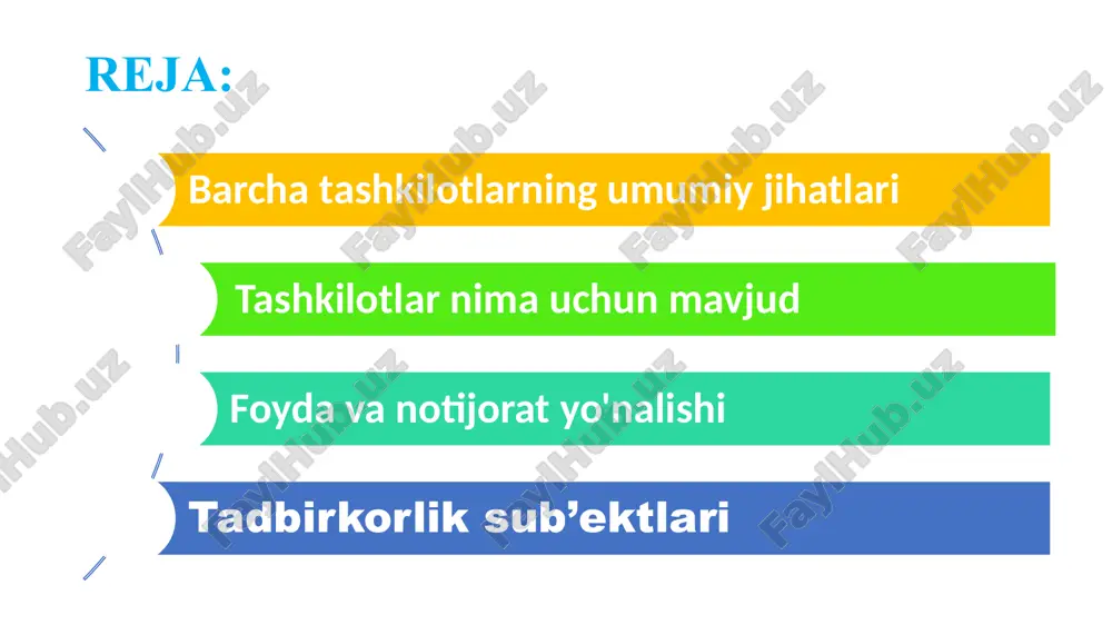 xarajatlar egalari foydani maksimal darajada oshirish foyda tovarlar va xizmatlarni chiqarish tijorat tashkiloti xarajatlar tovar va xizmatlar chiqarish xizmatlarni taqdim etish jamoat vakillari daromadni oshirish uchun xarajatlarni kamaytirish notijorat tashkilot 2 xususiy va davlat sektorlari xususiy sektor. markaziy yoki mahalliy hukumat yoki davlat idoralariga tegishli bo'lmagan yoki boshqarmaydigan tashkilotlar • davlat sektori. markaziy yoki mahalliy hukumatlar yoki davlat idoralariga tegishli yoki boshqaradigan tashkilotlar mas'uliyati cheklangan jamiyatlar mas'uliyati cheklangan jamiyat o'z egalaridan (aktsiyadorlaridan) alohida yuridik shaxs maqomiga ega. aktsiyadorlar, odatda, agar ular shaxsiy kafolat bermasa, kompaniyaning qarzlarini to'lash uchun sudga da'vo qilinishi mumkin emas. ularning tavakkalchiligi odatda aktsiyani sotib olayotganda kompaniyaga qo'ygan mablag'lari bilan cheklanadi. bu cheklangan masuliyat deb ataladi. yakka tartibdagi tadbirkorlik va sheriklik odatda kichik yoki o'rta biznesga tegishli bo'lsa, mas'uliyati cheklangan jamiyat maqomi barcha o'lchamdagi korxonalar uchun qo'llaniladi. mas'uliyati cheklangan jamiyatda egalik qilish va nazorat qilish, bir jismoniy shaxs qo'lida bo'lishi mumkin bo'lsa ham, tashkilot hamda jismoniy shaxs …