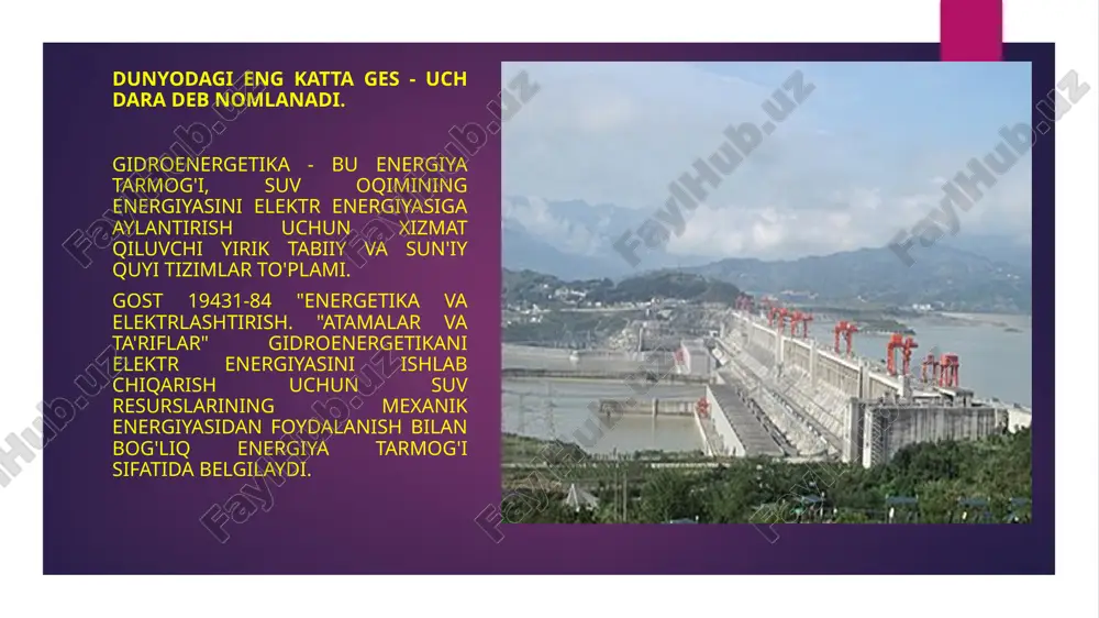 pp) yuk jadvalining pasayishi davrida yuqori hovuzga oldindan quyilgan suvdan foydalanadigan va maksimal yuklanish davrida elektr energiyasini ishlab chiqaradigan elektr stantsiyalarini o'z ichiga oladi[5] 2018-yil yakuniga ko‘ra, dunyodagi nasosli elektr stansiyalarining o‘rnatilgan quvvati 109,1 gvtni tashkil etdi. afzalliklari va kamchiliklari afzalliklari: • qayta tiklanadigan energiyadan foydalanish; • juda arzon elektr energiyasi; • ish atmosferaga zararli chiqindilar bilan birga bo'lmasa; • stansiyani ishga tushirgandan so‘ng ish quvvatini chiqarish rejimiga tez (chp/tesga nisbatan) kirish; • yirik suv omborlari yaqinida iqlimni yumshatish. kamchiliklari: • aholi punktlari va qishloq xo‘jaligi yerlarini suv bosishi; • suv energiyasining katta zahiralari mavjud bo'lgandagina qurilish iqtisodiy jihatdan maqsadga muvofiqdir; • seysmik faolligi yuqori bo'lgan hududlarda xavfli; • suv havzalaridan 10-15 kun davomida suvning kamayishi va tartibga solinmagan chiqishi daryoning butun o‘zanida o‘ziga xos tekislik ekotizimlarining qayta tuzilishiga olib keladi, natijada daryolar ifloslanadi, oziq-ovqat zanjirlari qisqaradi, baliqlar soni kamayadi, umurtqasiz hayvonlar yo‘q qilinadi. suv hayvonlari va lichinkalar bosqichida noto'g'ri …