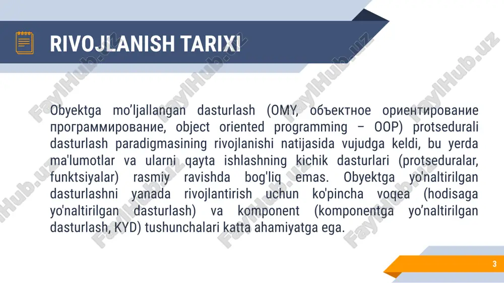 troq darajadagi bunday protseduralar dasturning umumiy tuzilmasini belgilab beradi. ushbu protseduralarga izchil murojaatlar protseduralardan tashkil topgan dasturlarning bajarilishini boshqaradi. protseduraviy va obyektga mo’ljallangan dasturlash 11 dasturlashning bu yangi paradigmasi mashina tilida dasturlash paradigmasiga nisbatan ancha ilg‘or bo'lib, unga tuzilmalashtirishning asosiy vositasi bo’lgan protseduralar qo'shilgan edi. kichik funksiyalarni nafaqat tushunish, balki sozlash ham osonroq kechadi. strukturaviy dasturlashning asosiy g'oyasi «bo‘lakla va hukmronlik qil» prinsipiga butunlay mos keladi. kompyuter dasturni masalalar to'plamidan iborat deb qaraymiz. oddiy tavsiflash uchun murakkab bo'lgan ixtiyoriy masalani bir nechta, msbatan kichikroq bo‘lgan, tarkibiy masalalarga ajratamiz va bo’linishni toki masalalar tushunishi uchun yetarli darajada oddiy bo'lguncha davom ettiramiz. protseduraviy va obyektga mo’ljallangan dasturlash 12 misol sifatida kompaniya xizmatchilarining o'rtacha ish haqini hisoblashni olamiz. bu masala sodda emas. uni qator qism masalalarga bo'lamiz: 1. har bir xizmatchining oylik maoshi qanchaligini aniqlaymiz. 2. kompaniya xodimlari sonini aniqlaymiz. 3. barcha ish haqlarini yig’amiz. 4. hosil bo'lgan yig'indini kompaniya xodimlari soniga bo'lamiz. …