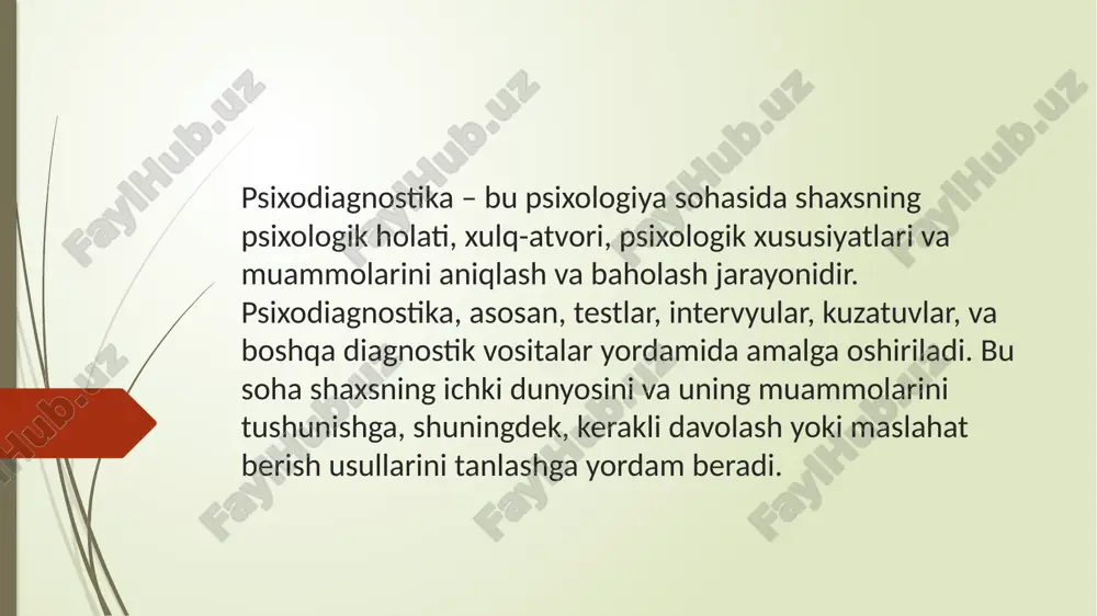 , psixosomatik kasalliklarni aniqlashda tibbiy amaliyotning bir qismi hisoblanadi. ruhiy kasalliklarni diagnostika qilish: ruhiy salomatlik muammolarini, jumladan, shizofreniya, bipolyar buzilish, depressiyani aniqlash uchun ishlatiladi. reabilitatsiya jarayonlari: jismoniy va ruhiy reabilitatsiya vaqtida bemorning psixologik holatini baholash uchun diagnostik vositalar qoʻllaniladi. profilaktika: oilaviy va individual psixodiagnostika orqali ruhiy kasalliklarning oldini olish uchun ishlatiladi. amalda qoʻllaniladigan asosiy metodlar: 1. testlar: intellektual rivojlanish (iq testlari), xotira, eʼtibor va shaxsiy fazilatlarni baholash. 2. suhbat va anketa: ruhiy holat va ijtimoiy munosabatlarni aniqlash uchun. 3. kuzatish: xatti-harakatlarni tabiiy muhitda tahlil qilish. 4. proyektiv metodlar: rorschach testi, “oila daraxti” usuli kabi shaxsiyatning ichki muammolarini oʻrganish. 5. instrumental metodlar: neyropsixologik va fiziologik diagnostika (eeg, biofeedback). psixodiagnostika metodlarining taʼlim, sogʻliqni saqlash va pedagogikadagi qoʻllanilishi muammolarni aniqlash, ularni hal qilish va rivojlanishni qoʻllab-quvvatlash uchun muhimdir. ushbu metodlar har bir shaxsning ehtiyojlariga mos individual yondashuvni taʼminlashga imkon beradi. psixodiagnostika inson psixologik xususiyatlarini ilmiy asosda o‘rganish va baholash imkonini beruvchi muhim sohadir. …