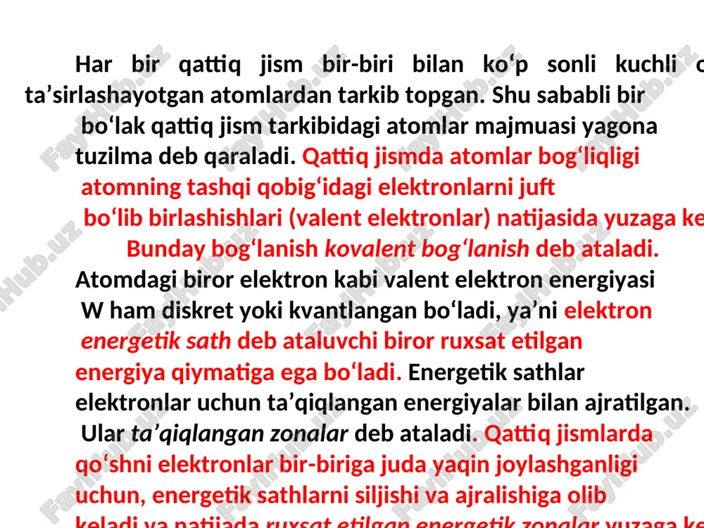 kremniy asosida yasaladi. 2 – rasmda kiritmasiz kremniy panjarasining soddalashtirilgan modeli (a) va uning zonasini energetik diagrammasi ( b) keltirilgan. agar yarim o‘tkazgichli kristall tarkib ida kiritma umuman bo‘lmasa va kristall panjaraning tuzulmasida nuqsonlar (bo‘sh tugunlar, panjara siljishi va boshqalar) mavjud bo‘lmasa, bunday yarim o‘tkazgich xususiy deb ataladi va i harfi bilan belgilanadi. 2 – rasm. kremniy xususiy kristalining tuzilishi va ishlashini tushuntiruvchi sxema.a) kiritmasiz kremniy panjarasining soddalashtirilgan modeli. b) kiritmasiz kremniy panjarasining zonasini energetik diagrammasi. 2 – rasmdan ko‘rinib turibdiki, kremniy xususiy kristalida uning atomining to‘rtta valent elektroni kremniyning qo‘shni atomining to‘rtta elektroni bilan bog‘lanib, mustahkam sakkiz elektronli qobiq (to‘g‘ri chiziq) hosil qiladi. 0 o k temperaturada bunday yarim o‘tkazgichda erkin zaryad tashuvchilar mavjud bo‘lmaydi. lekin temperatura ortishi bilan yoki yorug‘lik nuri tushirilganda kovalent bog‘lanishlarning bir qismi uziladi va valent elektronlar o‘tkazuvchanlik zonasiga o‘tish uchun yetarlicha energiya oladilar (2 b-rasm). natijada valent elektron erkin zaryad tashuvchiga aylanadi va kuchlanish …