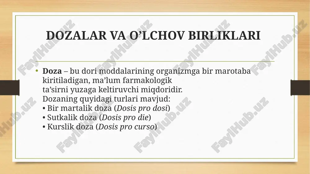 , yoshi, xususan bolalar va keksa yoshdagi bemorlarning yoshi aniq ko’rsatiladi yusupov yusuf, 12 yosh nomen medici resept yozgan shifokorning ismi sharifi azizov a.a. invocatio shifokorning dorini tayyorlash bo’yicha farmasevtga murojaati bo’lib - recipe - “olgin”, qisqacha “rp.:” yoziladi rp.: designatio materiarum s. ordinatio ushbu reseptda keltirilgan dori tarkibi. u quyidagilardan iborat: remedium basis dori tarkibidagi asosiy ta’sir etuvchi modda; rp.: natrii benzoatis 3,6 remedium adjuvans yordamchi vosita bo’lib, asosiy moddaning ta’sirini kuchaytiradi; liquoris ammonii anisati 3 ml remedium corrigens asosiy moddaning ta’mi va hidini to’g’irlaydi; sirupi simplicis 60 ml remedium constituens doriga ma’lum shakl beradigan modda. “adjuvans” va “corrigens” aquae destillatae ad 180 ml 8 | 17 reseptdagi muhim qisqartmalar farmakopeyaga kiritilgan dori moddalar – ofisinal (officina - dorixona) dorilar, unga kiritilmagan, shifokorning ko’rsatmasiga binoan dorixonalarda tayyorlanadigan dori vositalari magistral dorilar (magister - o`qituvchi) deb ataladi. a ro’yxatiga (zaharli – venena) buyurilishi, qo’llanilishi, dozalanishi va saqlanishi zaharlilik bilan bog'liq …