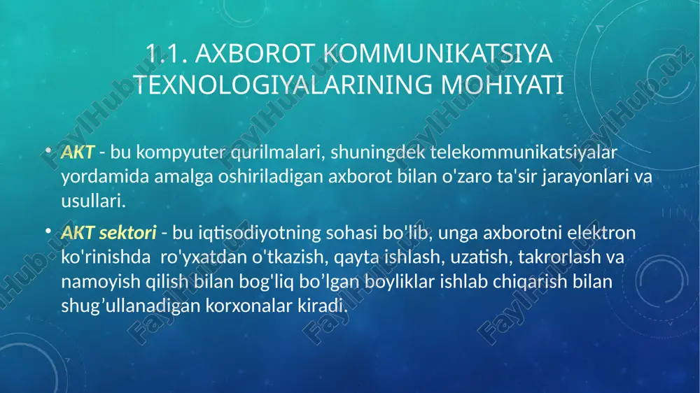 operatsiyalari; kompyuter tarmoqlari yordamida amalga oshiriladigan barcha moliyaviy va tijorat operatsiyalarini, shuningdek bunday operatsiyalarni amalga oshirish bilan bog'liq bo'lgan biznes jarayonlarini o'z ichiga olgan elektron tijorat. 1.3. raqamli iqtisodiyot tushunchasi raqamli iqtisodiyot ekotizimi (8 xab ekotizimi) moliya va tijorat marketing va reklama infratuzilma va aloqa ta'lim va kadrlar startaplar va investitsiyalar kiber xavfsizlik davlat va jamiyat media va ko'ngil ochar 12.5 12.5 12.5 12.5 12.5 12.5 12.5 12.5 1.3. raqamli iqtisodiyot tushunchasi raqamli iqtisodiyotning quyidagi tarmoqlari ajralib turadi: elektron tijorat - bu virtual do'konlarda internet orqali amalga oshiriladigan tovarlar va xizmatlarning do’konlarsiz savdosining yangi turi; elektron marketing - bu korxonaning (tashkilotning, kompaniyaning) axborot-tahliliy va ekspert-tadqiqot faoliyati ob'ekti bo'lgan elektron vositalardan foydalanish bilan bog'liq bo'lgan kompaniyaning marketing faoliyati majmui; elektron banking - mijoz tomonidan masofadan uzatiladigan buyurtmalar asosida bank xizmatlarini taqdim etish texnologiyalari (ya'ni, bankka tashrifisiz), ko'pincha kompyuter va telefon tarmoqlaridan foydalangan holda; elektron sug'urta xizmatlari - internet orqali buyurtma berish …