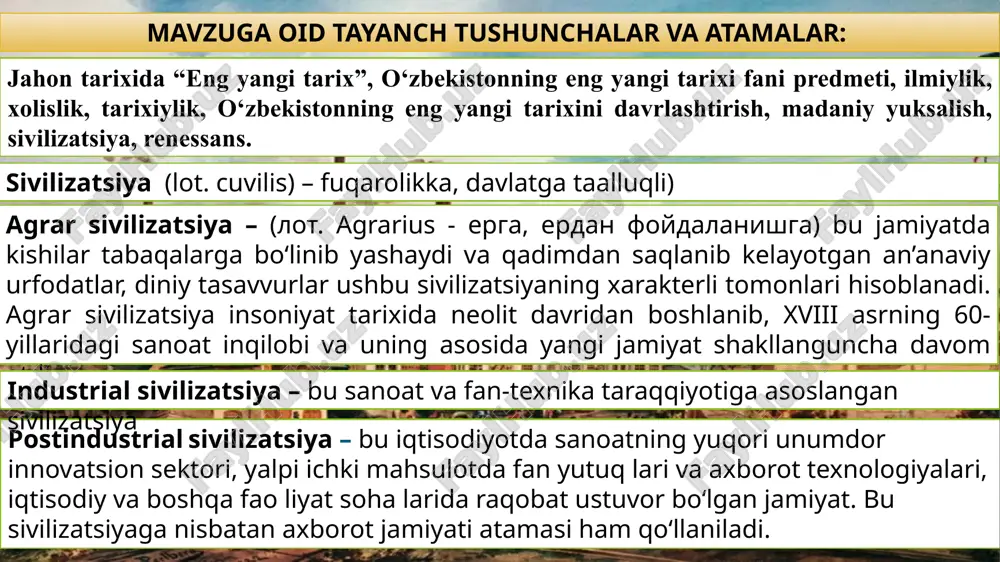 (1mln-40 000 yillik) 2) urug`chilik davri (40 000 yillikdan milodiy iv asrlargacha) 3) ilk o`rta asrlar (v- viii asr oxirigacha) 4) o`ra asrlar davri (ix asr-xix asrning birinchi yarmigacha) 5)mustamlaka davri. (xix asr o`rtasidan 1917-yilga qadar) 6) sovetlar davri (1917/1924-1991-yillar) 7) milliy istiqlol davri (1991-yildan bugungi kunga qadar) o‘zbekiston tarixining davrlashtirilishi asqarov a. o`zbek xalqining kelib chiqish tarixi. – toshkent. o`zbekiston, 2015. 69-90-betlar. 9. mustaqil o‘zbekiston davlatchiligi bir necha ming yillik o‘zbek davlatchiligining davomi va vorisi sifatida. salkam uch ming yillik tarixga ega bo‘lgan o‘zbek xalqi davlatchiligining shakllanishi va rivojlanishi shartli ravishda davrlarga bo‘linadi va u quyidagilardan iborat: 1. o‘zbekiston hududining davlatchilikka o‘tish davri (mil. avv. ii ming yillikning o‘rtalari va ikkinchi yarmi); 2. ilk davlat uyushmalari (mil. avv. 1 ming yillikning birinchi yarmi); 3.qadimgi davr davlatchiligi tarixi (mil. avv. iv asr oxiri milodiy iv asr); 4. ilk o‘rta asrlar davlatchiligi tarixi ( v–viii asr o‘rtalarigacha); 5. rivojlangan o‘rta asrlar …