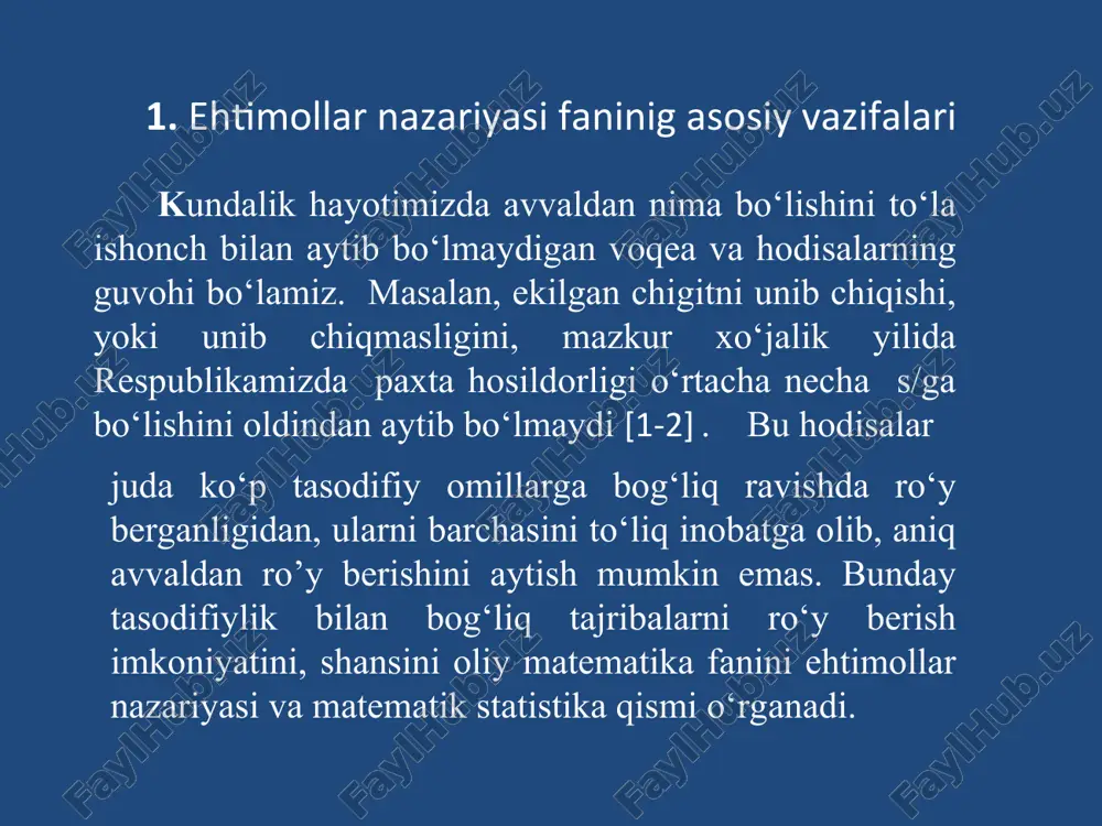 i nazariyasi, avtomatik boshqarish nazariyasi, umumiy aloqa nazariyasida va boshqa ko’p nazariy hamda tatbiqiy fanlarda qo’llaniladi. ehtimollar nazariyasi matematik va amaliy statistikani asoslash uchun xizmat qiladi. ehtimollar nazariyasida hodisalar ehtimollarini hisoblashda birlashmalardan (kombinatorika) foydalanishga to’g’ri keladi. birlashmalar asosan 3 xil bo’ladi: 1) o’rinlashtirish, 2) o’rin almashtirish, 3) gruppalash. 1) o’rinlashtirish n ta elementdan m tadan olib tuzilgan ’rinlashtirish deb, ularning har biriga n ta elementdan olingan m ta element bo’lib, ular bir-biridan yo elementlari bilan yoki elementlarining joylashish tartibi bilan farq qiladi va ularning soni quyidagi formula bilan hisoblanadi: kombinatorika elemetlari agar o’rinlashtirishlar n ta elementdan n tadan olib tuzilsa, o’rin almashtirish deyiladi. ya’ni o’rin almashtirishlar faqat elementlarining tartibi bilan farq qiladi va quyidagi formula bilan hisoblanadi: 2) o’rin almashtirish n ta elementdan m tadan tuzilgan o’rin- lashtirishlar bir-biridan kamida bitta element bilan farq qilsa, gruppalashlar (kombinatsiyalar) soni hosil bo’ladi: formuladan topiladi. 3) gruppalash tasodifiy hodisalar turlari: 1) birgalikda bo’lmagan …
