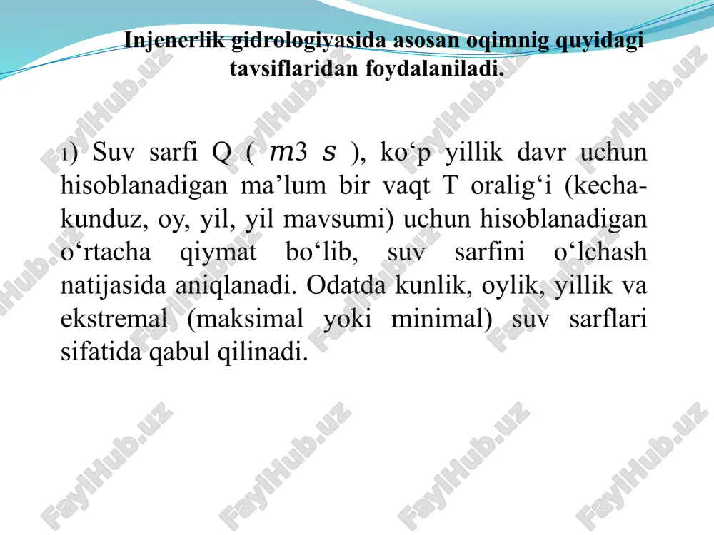 tanlangan hisob yillari bo‘yicha mavsumiy oqim hajmlari hisoblanib, ularning yil davomida taqsimlanish grafiklari chizilsin. mavsumiy, ya’ni bahor, yoz, kuz va qish fasllaridagi oqim hajmlari 4, 5, 6-jadvallarda keltirilgan oylik oqim hajmlari asosida hisoblanadi. jumladan bahorgi oqim hajmi mart-may, yozgi oqim hajmi iyun-avgust, kuzgi oqim hajmi sentyabr-noyabr va, nihoyat, qishki oqim hajmi dekabr-fevral oylaridagi oqim hajmlari yig‘indisi sifatida aniqlanadi. hisoblashlar natijalari jadvalda umumlashtiriladi(7-jadval). 8. chirchiq-ohangaron havzasi suv resurslaridan xalq xo‘jaligining tegishli tarmoqlarida samarali foydalanish bo‘yicha tavsiyalar. tavsiyalar matnini quyidagi reja asosida tuzgan ma’qul: - chirchiq-ohangaron havzasining umumiy tavsifi; -havzada suv resurslarining hosil bo‘lish qonuniyatlari va suv resurslari monitoringi; -havza suv resurslarining aholi zich joylashgan toshkent vohasi xo‘jaligi va iqtisodiyotining barqaror rivojlanishidagi ahamiyati; -suv resurslarining yil davomida hamda yillararo o‘zgaruvchanligi va uning oqibatlari; -havzada mavjud suv resurslaridan samarali foyda­lanish istiqbollari; -havzadagi mavjud suv omborlaridan kompleks foydalanish masalalari. -chirchiq-ohangaron havzasidagi mavjud suv resurslarini muhofaza qilish masalalari. suv sarfini o’lchash gidrometrik vertushka bilan qanday? …