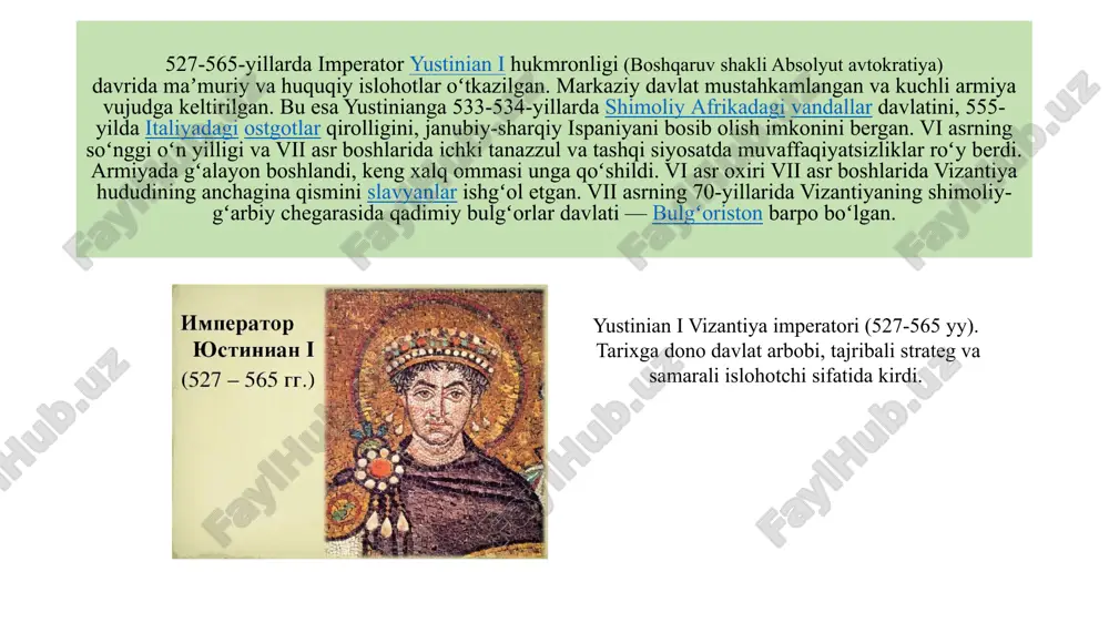 n. v.h. gʻarbiy yevropa va old osiyo mamlakatlari qonunchiligiga taʼsir koʻrsatgan. ta’lim xii asr boshlaridan ichki tarqoqpik avj oldi, markaziy hokimiyat inqirozga yuz tutdi, chet ellik istilochilarning xuruji kuchaydi. salib yurishi qatnashchilari vizantiya hududining bir qismini bosib olib, lotin imperiyasita asos soldilar. shu bilan birga vizantiya yerlarida mustaqil yunon davlatlari: nikey, trapezund imperiyalari, epir davlati paydo boʻldi. 1261-yilda nikey imperatori mixail viii paleolog vizantiya imperiyasini qayta tikladi. paleologlar sulolasi (1261—1453) qaror topdi. biroq vizantiya oʻzining qad. qudratini tiklay olmadi. 1453-yilda konstantinopol usmonli turklar tasarrufiga oʻtgan. xv asrning 60-yillari boshida vizantiya imperiyasi barham topdi, uning hududi usmonli turk imperiyasi tarkibiga kirdi. vizantiya rim, yunon va ellinizm anʼanalari taʼsirida vujudga kelgan oʻziga xos madaniyat markazi boʻlgan edi. vizantiyada antik davr taʼlimi anʼanalari saqlanib qoldi va xii asrgacha maorif yevropaning boshqa joylariga qaraganda yuqori saviyada edi. boshlangʻich taʼlim (oʻqish va yozishni oʻrgatish) xususiy maktablarda 2—3 yil davomida amalga oshirilgan. vii asrgacha oʻquv dasturi …