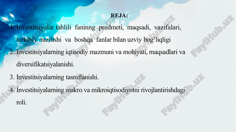milliy muammolarni hal qilishga xizmat qiladi. jahondagi bevosita investitsiya faol oʻsib bormoqda: 1980-yillar oʻrtalarida jahon boʻyicha umumiy yillik investitsiya hajmi 450 milliard dollarni tashkil qilgan boʻlsa, 1990-yillar oʻrtalariga kelib investitsiya hajmi 2 trillion dollardan oshdi. har bir viloyat bo'yicha moliyalashtirishning foiz nisbatiga e'tibor qaratadigan bo'lsak, xorijiy investitsiyalar va kreditlarning eng katta ulushi – viloyatga kiritilgan investitsiyalar umumiy hajmining 84,0 foizi sirdaryo viloyatiga yo'naltirilgan. ikkinchi o'rinda - namangan viloyati (82,7 foiz), uchinchi o'rinda - surxondaryo viloyati (80,3 foiz). xorijiy investitsiyalar va kreditlarning foizda eng kam hajmi toshkent shahriga to'g'ri keldi – 50,7%. mutlaq ko'rsatkichlarda eng ko'p xorijiy moliyalashtirish toshkent viloyati (11,3 trillion so'm), namangan viloyati (10,3 trillion so'm) va toshkent shahri (8,6 trillion so'm) tomonidan olingan. xorijiy investitsiyalar va kreditlarning eng kam miqdori xorazm viloyatiga – 2,4 trillion so'm yo'naltirildi. ushbu fanning predmeti milliy iqtisodiyotda tarkibiy o‘zgarishlarni amalga oshirishish va iqtisodiy islohotlarni chuqurlashtirish, investitsiya faoliyatini rivojlantirish, investitsiyalarni moliyalashtirish manbalari, investitsiyalarni jalb …
