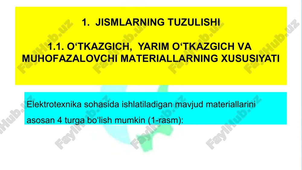 anish turlari materillar va moddalar asosan 4 xil bog‘lanishda bo‘ladi: 1. kovolent. 2. ionli. 3. donor – akseptor 4. metall. bog‘lanish paytida ta’sir etuvchi kuchlar: molekulyar: van-der-vals ~ 0,1÷1 kdj/mol vodorodli ~ 10÷50 kdj/mol kimyoviy ~102 kdj/mol kovalent bog‘lanish kovalent bog‘lanish deb muqaddam alohida atomlar tarkibiga kiruvchi ikki elektronning o‘zaro birikib elektronlar juftini hosil qilishiga aytiladi. bunday juftlik molekula tarkibiga kiruvchi har ikkala atom uchun ham umumiydir. vodorod molekulasidagi kovalent bog‘lanishning oddiy sxemasi: a - alohida atomlar; b - kovalent bog‘lanishdagi molekula. bunday birikmalar amorf jismlarga nisbatan mexanik jihatdan bir qancha ustundir. xar bir atom va molekulaning kamida 4 yoki beshta atom va molekula bilan bog‘liqligi bunday birikmalarning yukori mustaxkamligini ta’minlaydi. rasmdagi uzuq chiziqlar bilan olmosdagi bitta yacheykaning chegerasi ko‘rsatilgan. neytral va dipol molekulalarning tuzilishi 1.5 - rasmda tasvirlangan. ko‘p atomli molekulalardagi zaryadlar simmetrik joylashsa qutbsiz (1.5 a -rasm) yoki zaryadlar asimmetrik joylashsa qutbli bo‘ladi (1.5. b - rasm). molekulalari …