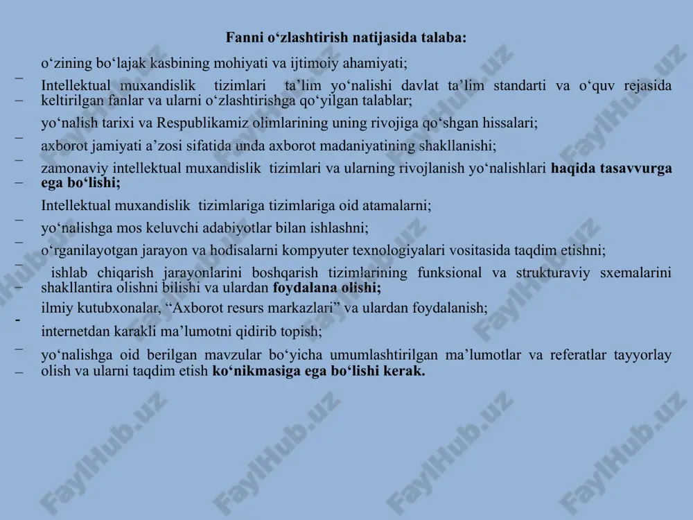 ish; • tashkiliy-boshqaruv; • o‘rta maxsus, kasb-hunar ta'limi muassasalarida pedagogik faoliyat (kasb ta'limi yo‘nalishlari uchun). kasbiy kvalifikatsiyalar muxandis, muxandis-sistemotexnik, muxandis-analitik, muxandis-operator, texnologik agregatlar va qurilmalarni boshqarishda intellektual vositalardan foydalanish, muhandislik tizimlaridagi jarayonlar nazariyasini o‘zlashtirish va tadqiq qilish, sanoat ishlab chiqarishida axborotni qayta ishlash, intellektuallashtirilgan tizimlarning dasturiy ta'minoti, dasturiy mahsulotlar va hisoblash texnikasini apparat vositalarini ishlab chiqish, ishlab chiqarishni tashkil etish va boshqarish, yangi ilg‘or texnologiyalarni yaratish, muhandislik va konstruktorlik yechimlarini amaliyotga tatbiq qilishni tashkil qilish va boshqarish, ishchi jamoasini shakllanirish bo‘yicha tadbirlarni amalga oshirish, texnologik yechimlarni ishlab chiqish kabi kvalifikasiyalariga ega bo‘lish mumkin. 60711600 – intellektual muxandislik tizimlari bakalavriat ta’lim yo‘nalishi o‘quv rejasi va fanlar dasturlariga qo‘yiladigan umumiy talablar bakalavriat ta’lim yo‘nalishi o‘quv rejasi va fanlar dasturlari ta’lim yo‘nalishi bo‘yicha bakalavrlar kasbiy faoliyatlarining tavsifi hamda kasbiy kompetensiyalariga qo‘yiladigan talablarga muvofiq, talabalar majburiy va tanlov fanlarini o‘zlashtirishi, amaliyotlarni o‘tishi va natijada kasbiy faoliyatida zarur bilim, ko‘nikma va malaka kompetensiyalarini egallashini ta’minlovchi …