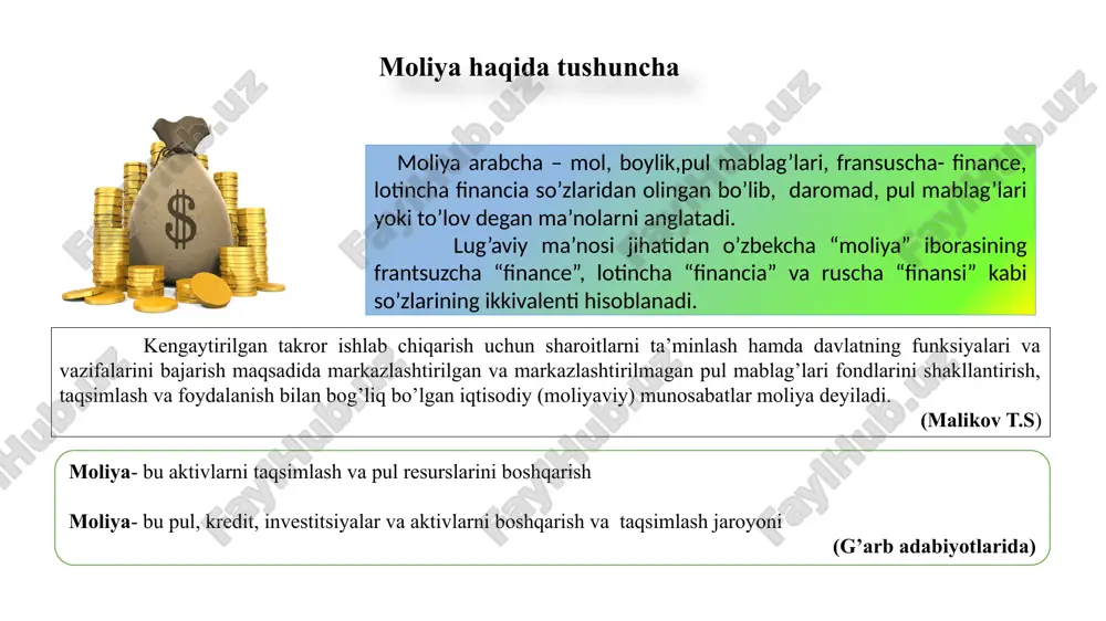 qarz olish yo'li bilan to'lanadi). aksariyat odamlar daromadlarining katta qismi xarajatlarga sarflanadi. shaxsiy moliyani yaxshi boshqarish uchun yaxshi sarflash odatlari hal qiluvchi ahamiyatga ega. umumiy xarajat manbalari: ijara to‘lovlari, ipoteka to’lovlari, soliqlar, kredit uchun to‘lovlar, oziq-ovqat, soyohat, ta’lim, o‘yin-kulgu va b. jamg’arish - bu kelajakda investitsiya qilish yoki xarajat uchun qolgan ortiqcha pul mablag'lari. agar odam daromad sifatida topgan va sarflagan narsasi o'rtasida ortiqcha bo'lsa, farqni jamg'armalarga yoki investitsiyalarga yo'naltirish mumkin. jamg'arishni boshqarish shaxsiy moliyalashtirishning muhim sohasidir. jamg'arishning keng tarqalgan shakllariga quyidagilar kiradi: jismoniy pullar, depozitlar, xorijiy valyuta, qimmatbaho buyumlar va b investitsiya - bu shaxsiy moliyaning eng murakkab sohasi va odamlar eng professional maslahat oladigan sohalardan biridir. investitsiyalarning keng tarqalgan shakllariga quyidagilar kiradi: qimmatli qog’ozlar, obligatsiyalar, ko’chmas mulk, xususiy kompaniyalar, tovarlar, qimmatbaho san’at asarlari va b shaxsiy himoya deganda kutilmagan va noxush hodisalardan himoya qilish uchun ishlatilishi mumkin bo'lgan mahsulotlarning keng assortimenti tushuniladi. umumiy himoya vositalariga quyidagilar kiradi: hayot …